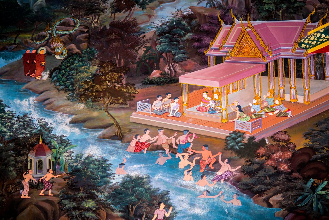 Maalauksia kyläkohtauksista Buddhan kanssa Thaimaassa, Wat bang riang, Thub Pat/ Paintings, Wat bang riang, Thub Pat, Phang Nga, Thaimaa, Aasia (kuva) tekijältä Unbekannter Künstler