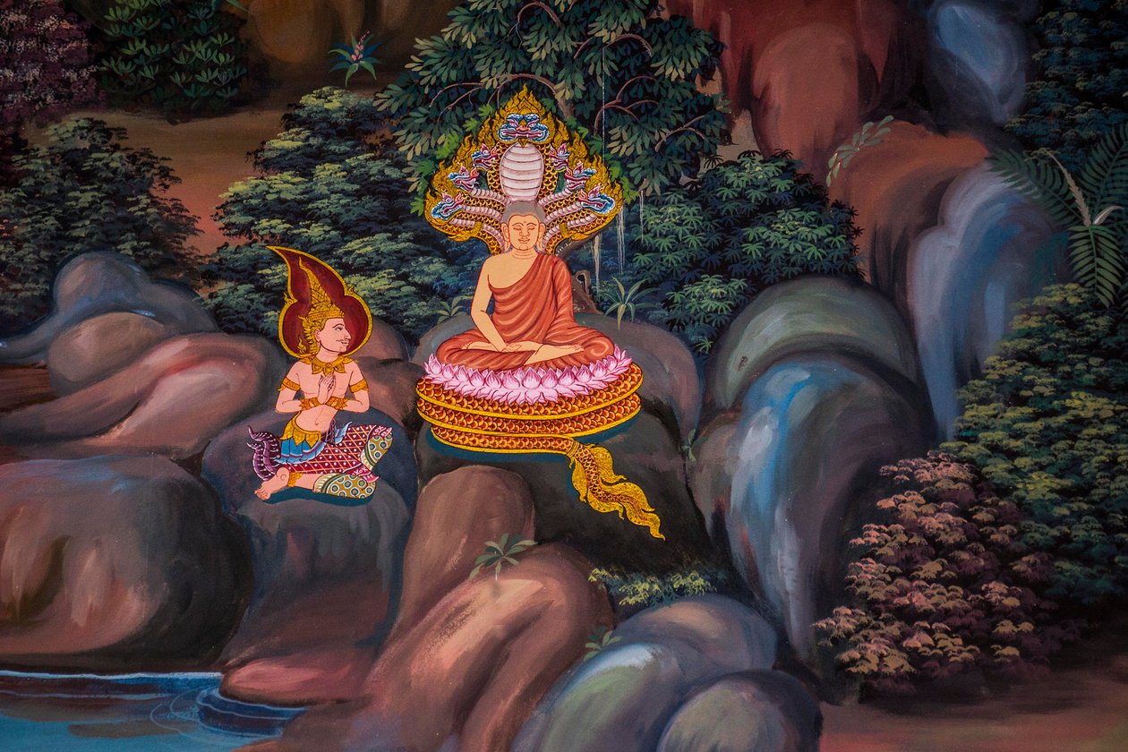 Maalauksia kyläkohtauksista Buddhan kanssa Thaimaassa, Wat bang riang, Thub Pat/ Paintings, Wat bang riang, Thub Pat, Phang Nga, Thaimaa, Aasia (kuva) tekijältä Unbekannter Künstler