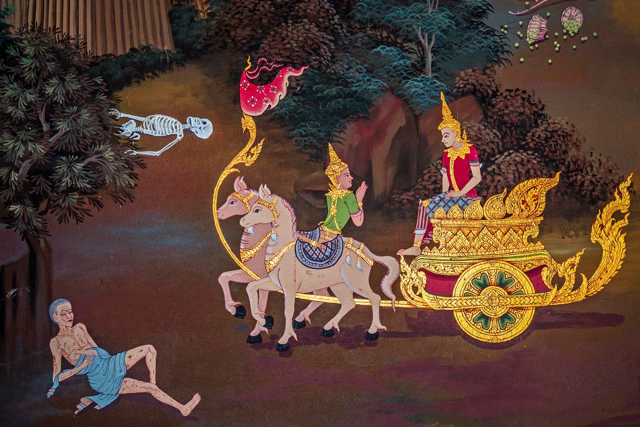 Maalauksia kyläkohtauksista Buddhan kanssa Thaimaassa, Wat bang riang, Thub Pat/ Paintings, Wat bang riang, Thub Pat, Phang Nga, Thaimaa, Aasia (kuva) tekijältä Unbekannter Künstler