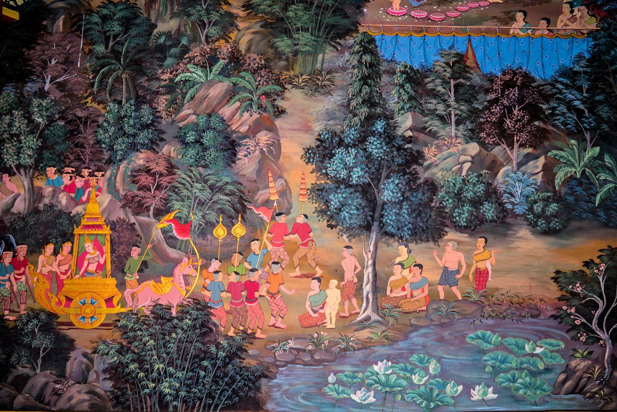 Maalauksia kyläkohtauksista Buddhan kanssa Thaimaassa, Wat bang riang, Thub Pat/ Paintings, Wat bang riang, Thub Pat, Phang Nga, Thaimaa, Aasia (kuva) tekijältä Unbekannter Künstler
