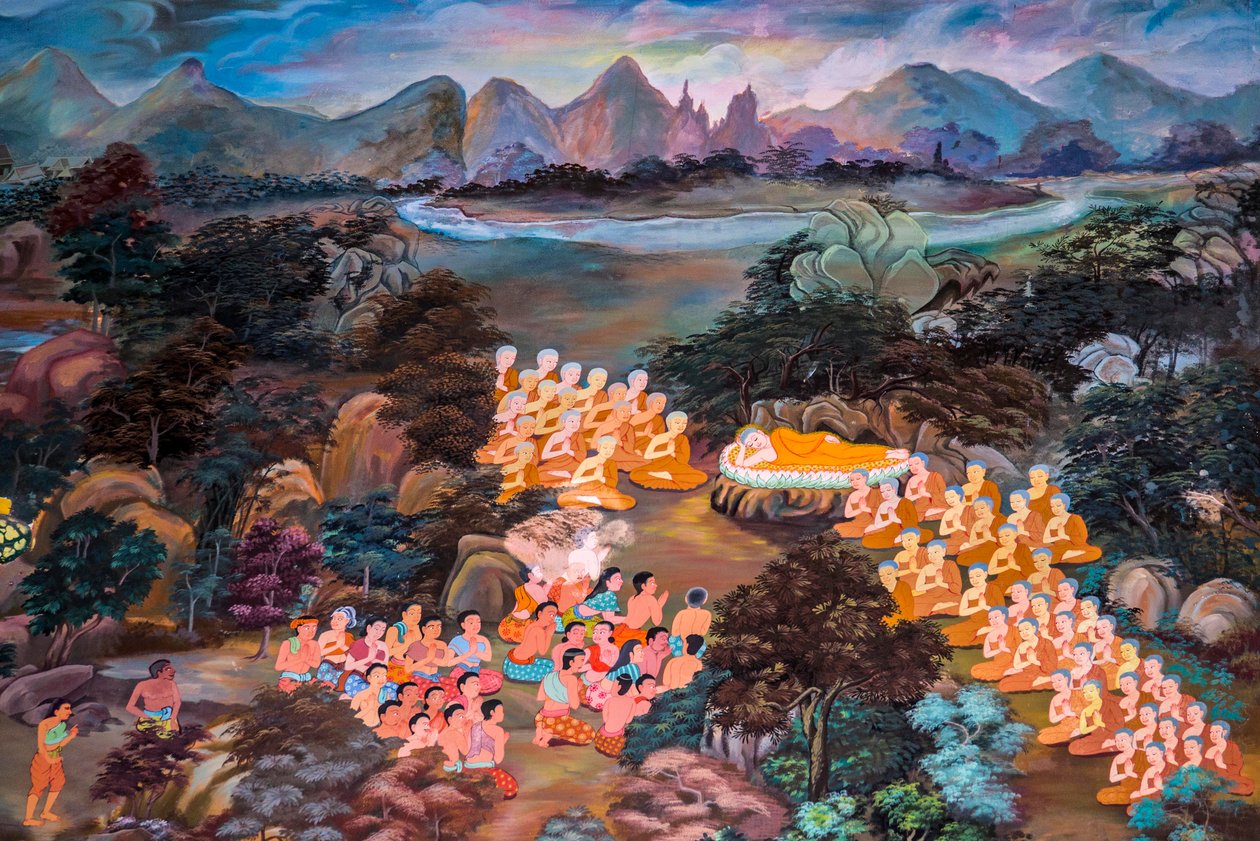 Maalauksia kyläkohtauksista Buddhan kanssa Thaimaassa, Wat bang riang, Thub Pat/ Paintings, Wat bang riang, Thub Pat, Phang Nga, Thaimaa, Aasia (kuva) tekijältä Unbekannter Künstler