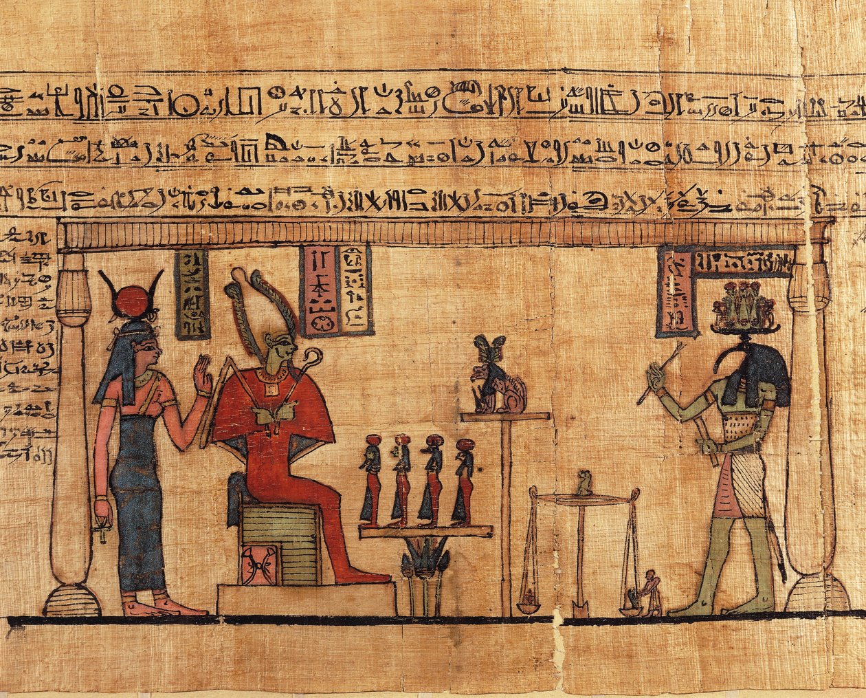 Papyrus Ousirourin ensimmäisestä Hengityskirjasta, Thoth punnitsee Ousirourin sielun ennen Isistä ja Osirista tekijältä Alec Hunter
