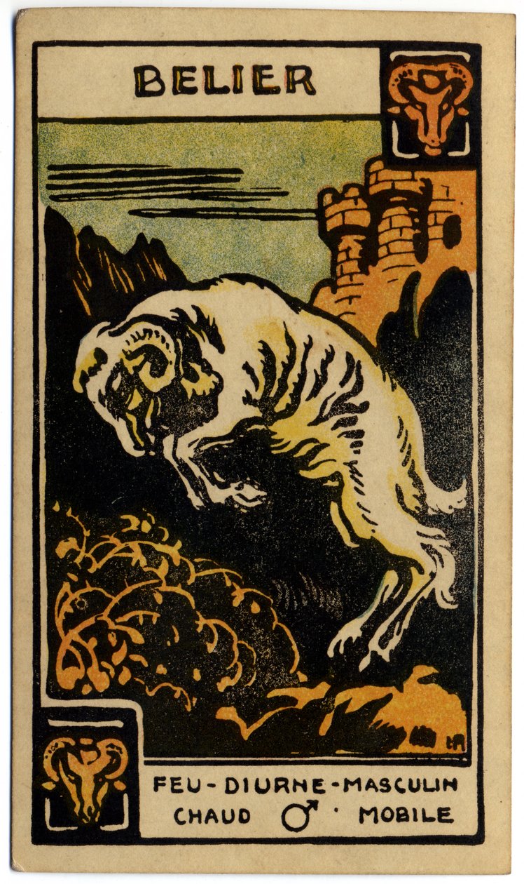 Paranormaalia. Astrologia. Oinas (Pyss). Astrologinen kortti: Le Tarot Astrologique (Astrological Tarot), kirjoittanut Georges Muchery, Ranska tekijältä Unbekannter Künstler