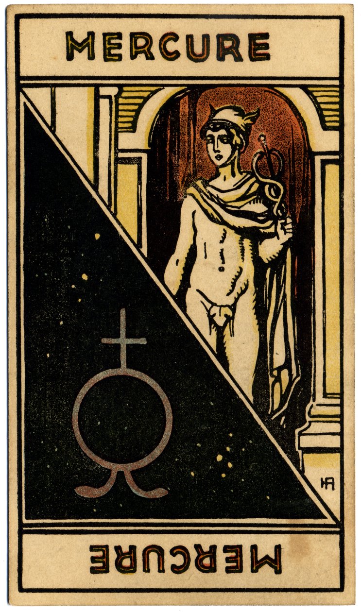 Paranormaalia. Astrologia. Merkurius-planeetta). Astrologiakortti: Le Tarot Astrologique (Astrologinen Tarot), kirjoittanut Georges Muchery, Ranska tekijältä Unbekannter Künstler