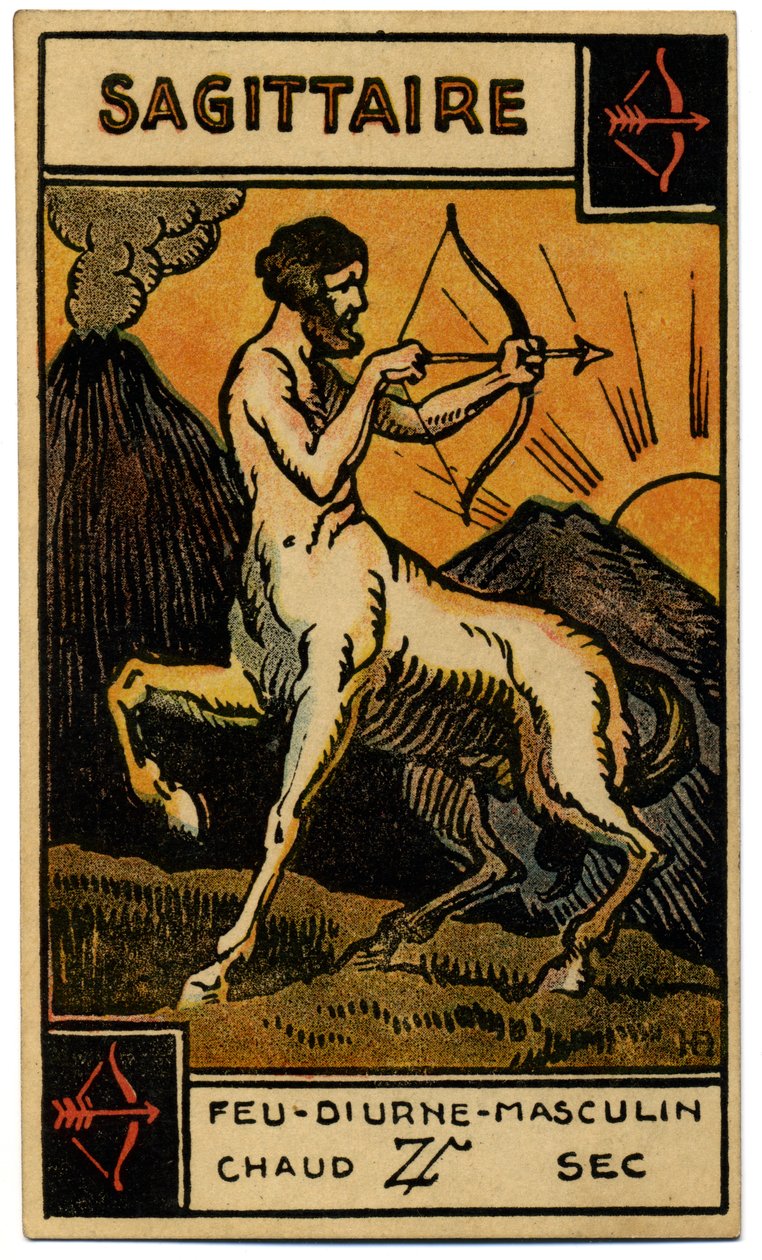 Paranormaalia. Astrologia. Jousimies (jousimies). Astrologinen kortti: Le Tarot Astrologique (Astrologinen Tarot), kirjoittanut Georges Muchery, Ranska tekijältä Unbekannter Künstler