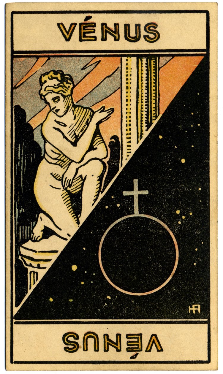 Paranormaalia. Astrologia. Venus (planeetta). Astrologiakortti: Le Tarot Astrologique (Astrologinen Tarot), kirjoittanut Georges Muchery, Ranska tekijältä Unbekannter Künstler