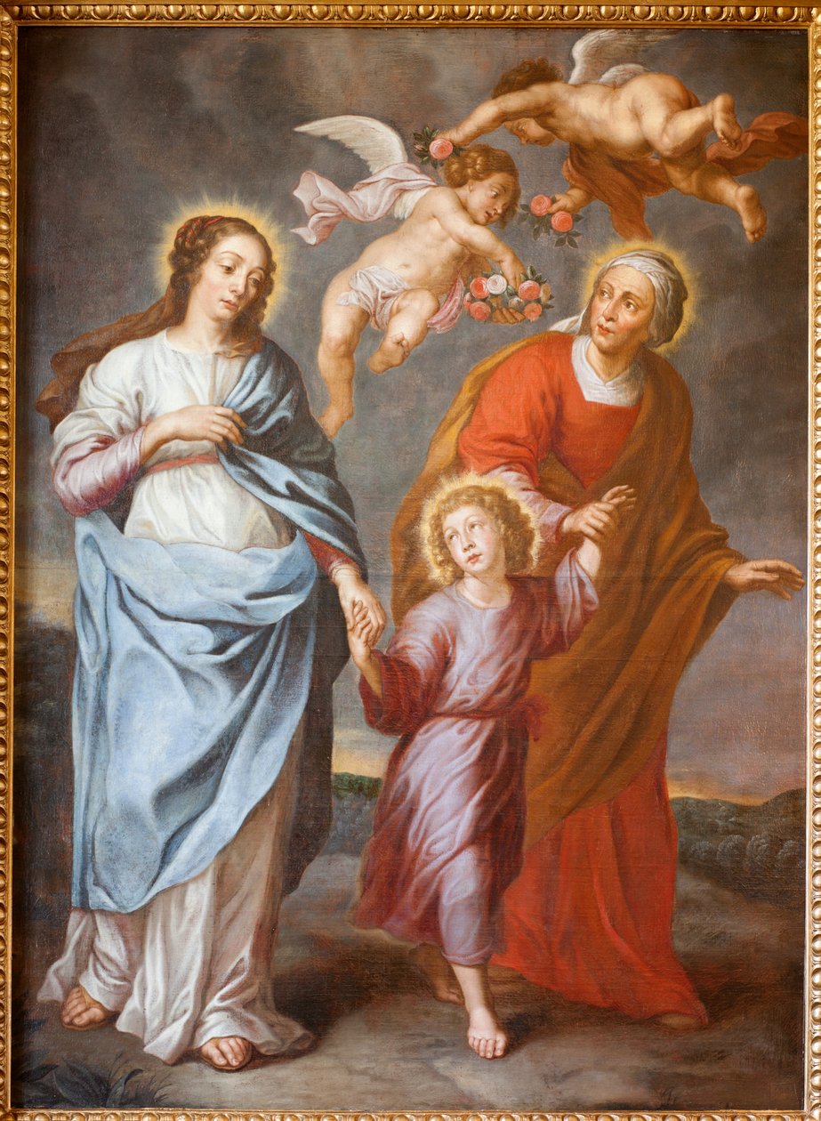 Seurakuntakirkko (Parochiale kerk Sint-Dionysius van Lede). Sisustus. Pohjoinen käytävä. Alttari. Maalaus. Pyhä perhe. tekijältä Unbekannter Künstler