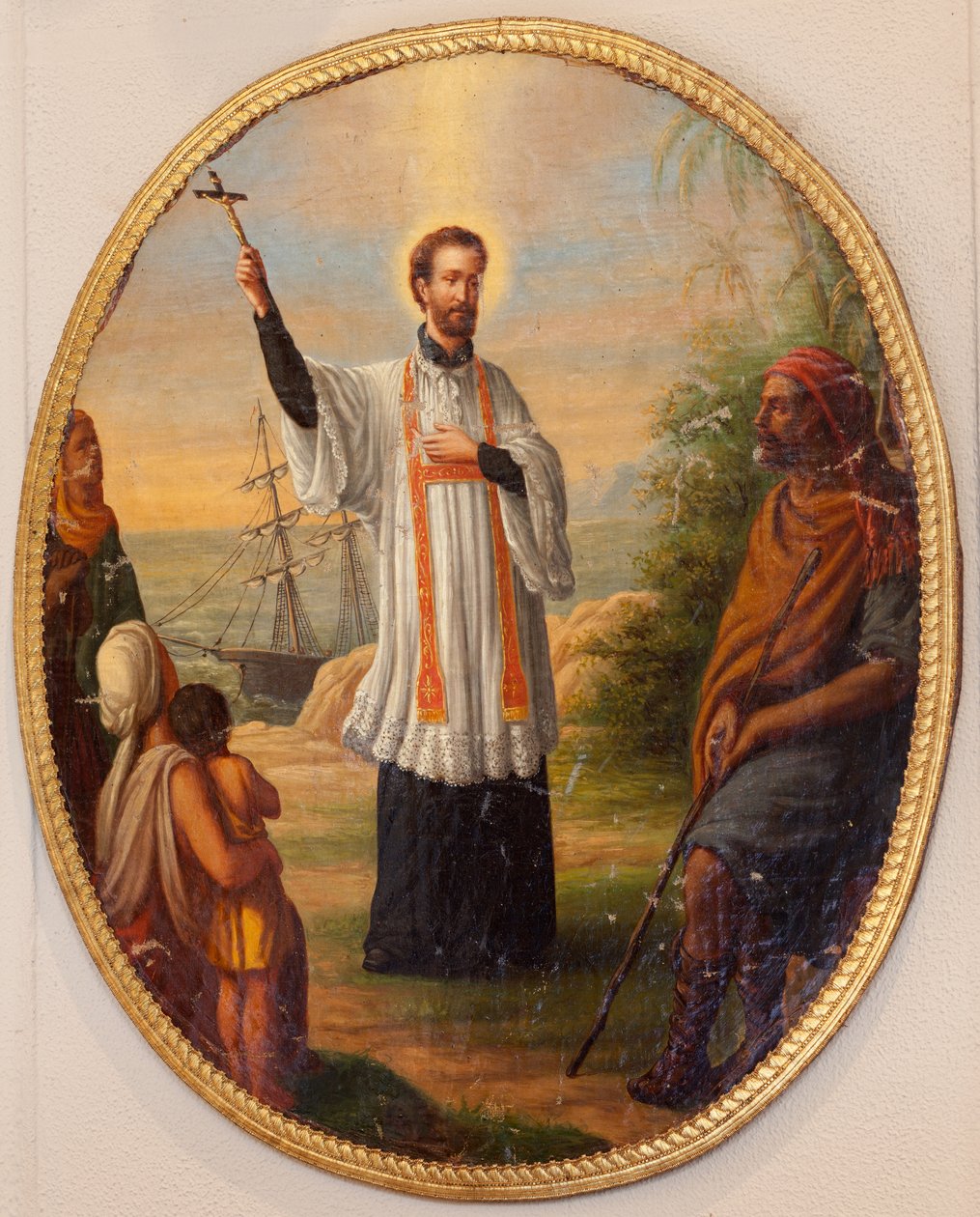 Seurakuntakirkko (Seurakunnan kirkko Sint-Dionysius van Lede). Sisustus. Maalaus soikeana medaljonkina. Pyhimys lähetyssaarnaajana. tekijältä Unbekannter Künstler