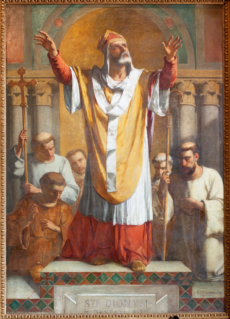 Seurakuntakirkko (Parochiale kerk Sint-Dionysius van Lede). Sisustus. Etelä käytävä. Alttari. Maalaus. Pyhä Denis. Signeerattu ja päivätty 1854 TheEodore-Joseph Canneel. tekijältä Unbekannter Künstler