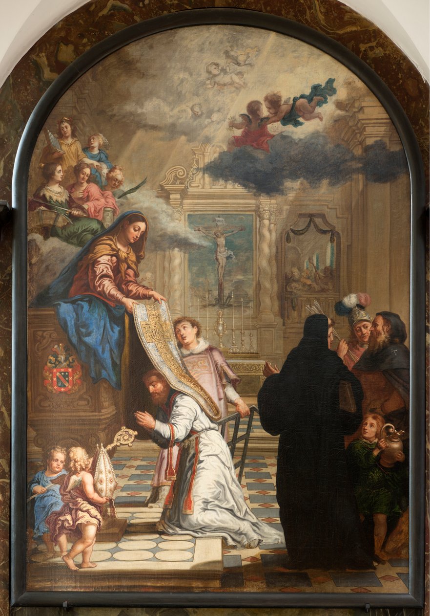 Seurakuntakirkko (Parish Church of Our Lady). Sisustus. Maalaus. Neitsyt Maria antaa lahjan Saint-Ildefonsukselle. tekijältä Unbekannter Künstler