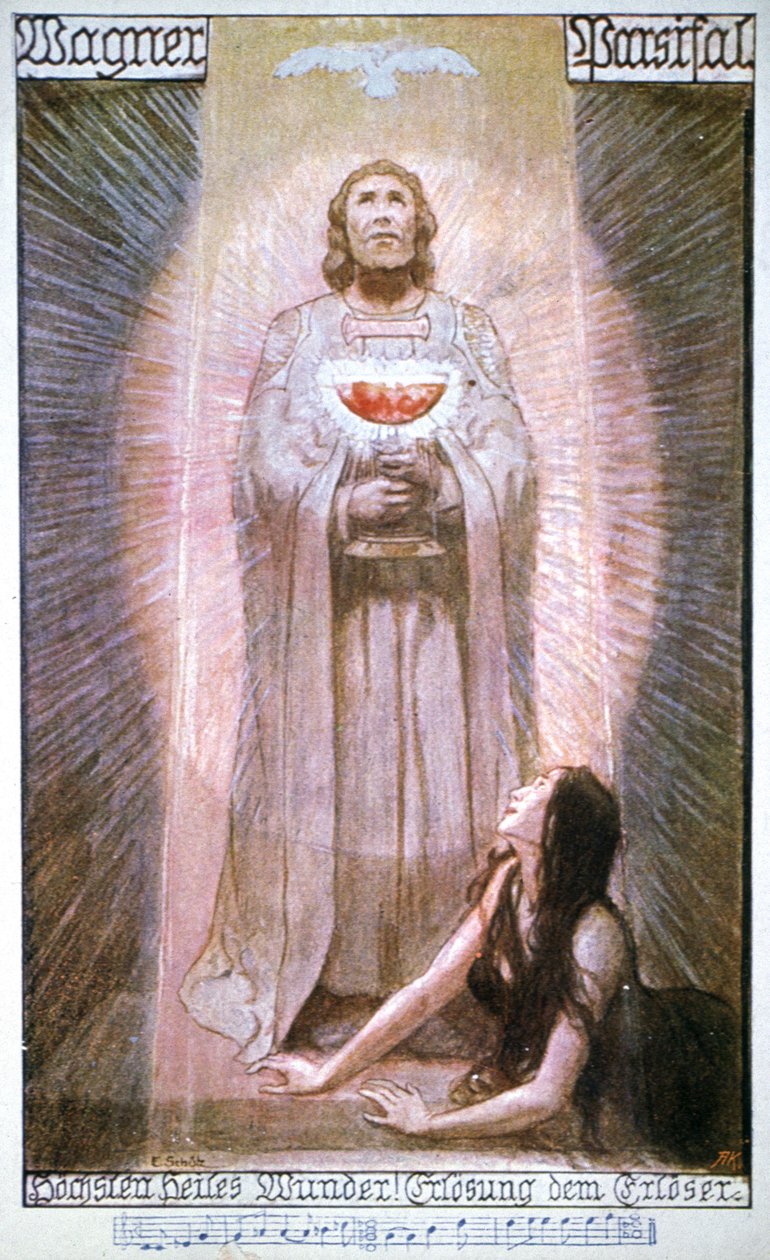 Parsifal Graalin kanssa, Kundry kuolee, 1900-luvun alku (postikortti) tekijältä Unbekannter Künstler