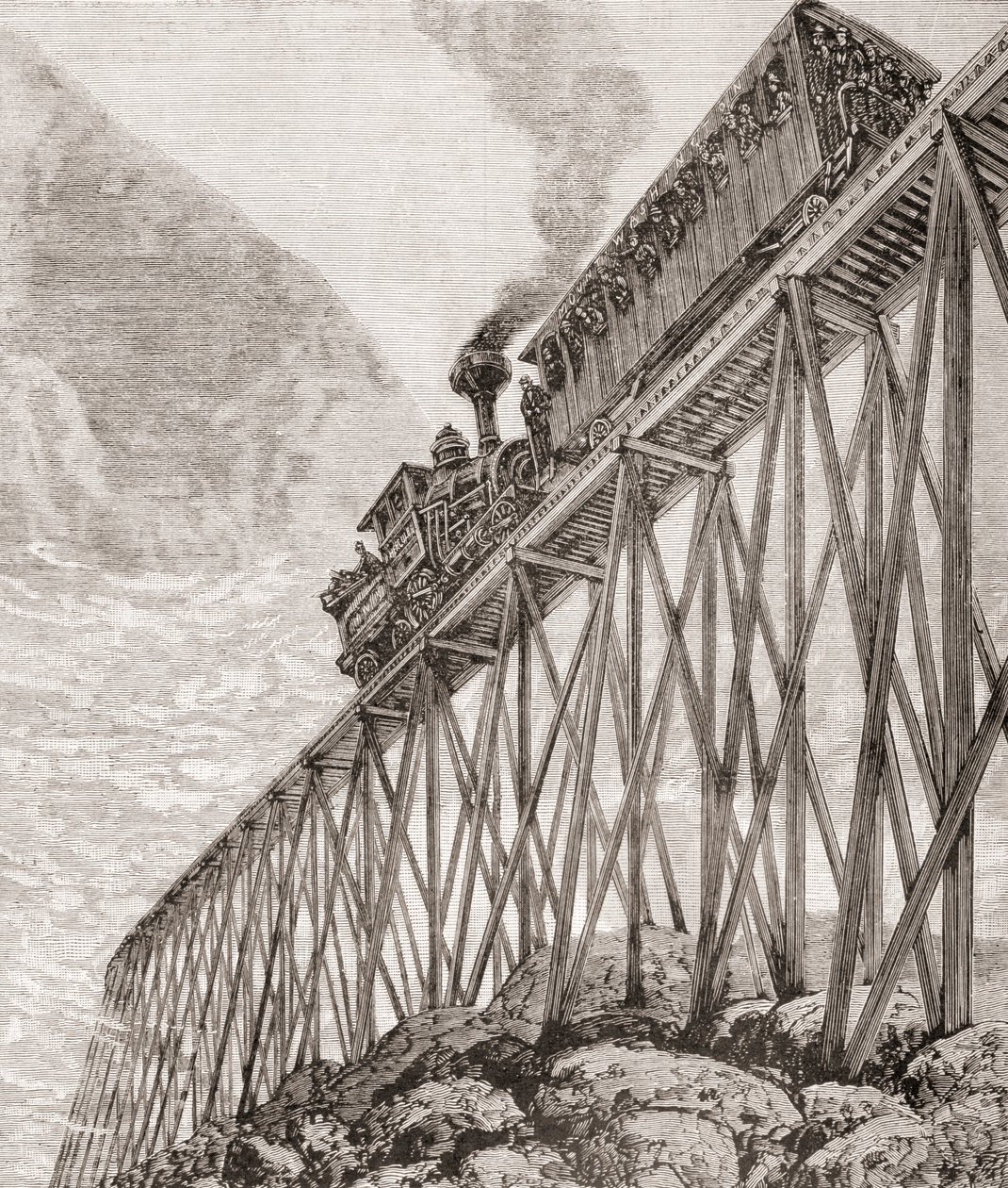 Osa neljä kilometriä pitkää rautatietä New Hampshiressa, Yhdysvalloissa, rakennettu virkistysmatkoja ja matkustajien panoraamanäkymiä varten, noin 1880, Barcelonan julkaisemasta El Mundo Ilustradosta tekijältä Unbekannt