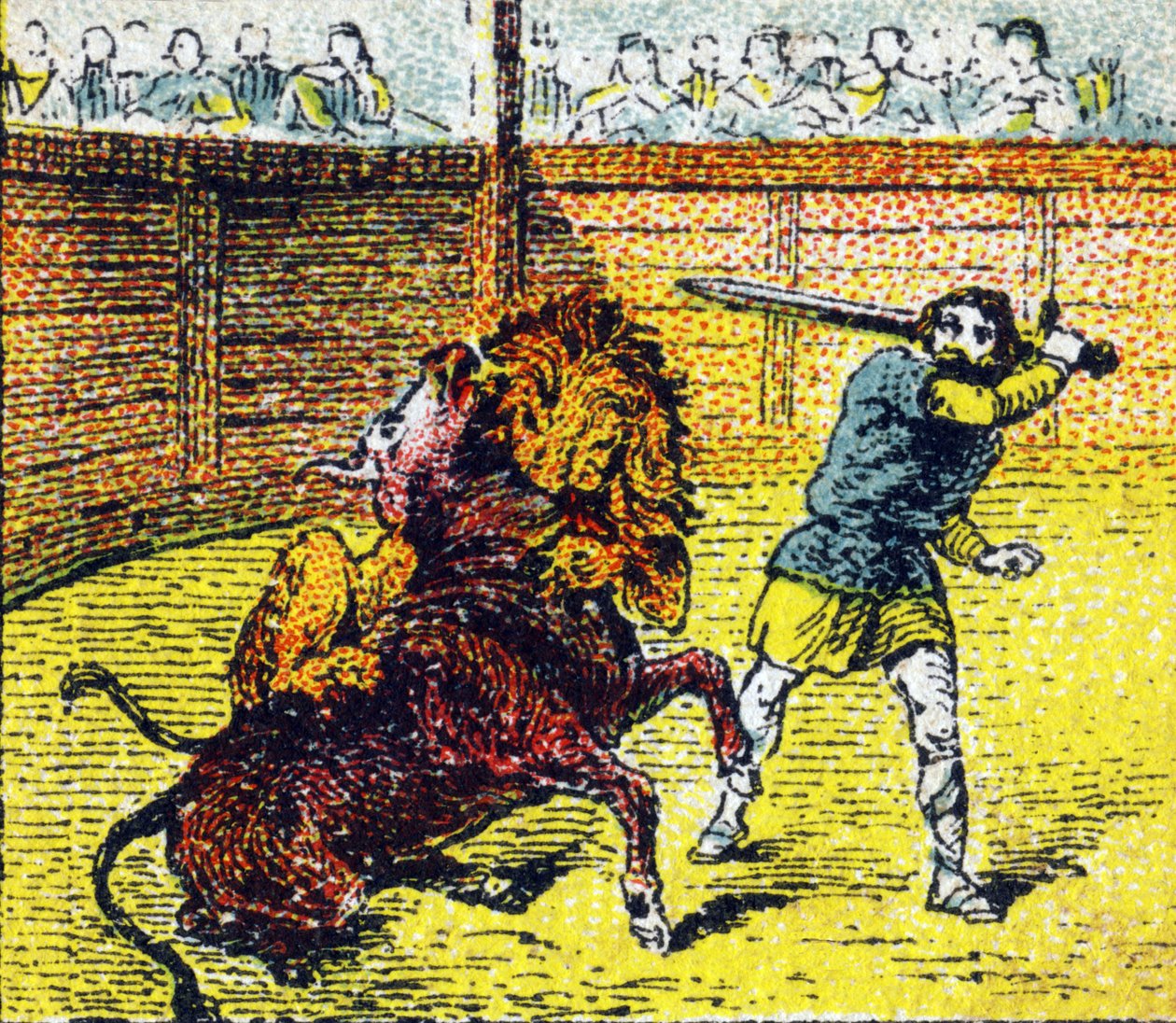 Pepin Le Brief laskeutuu areenalle ampumaan alas leijonan, joka oli juuri hypännyt härän kaulaan. Kaiverrus kirjassa "Histoire de France". Mainoskuvien sarja, julkaistu Louit