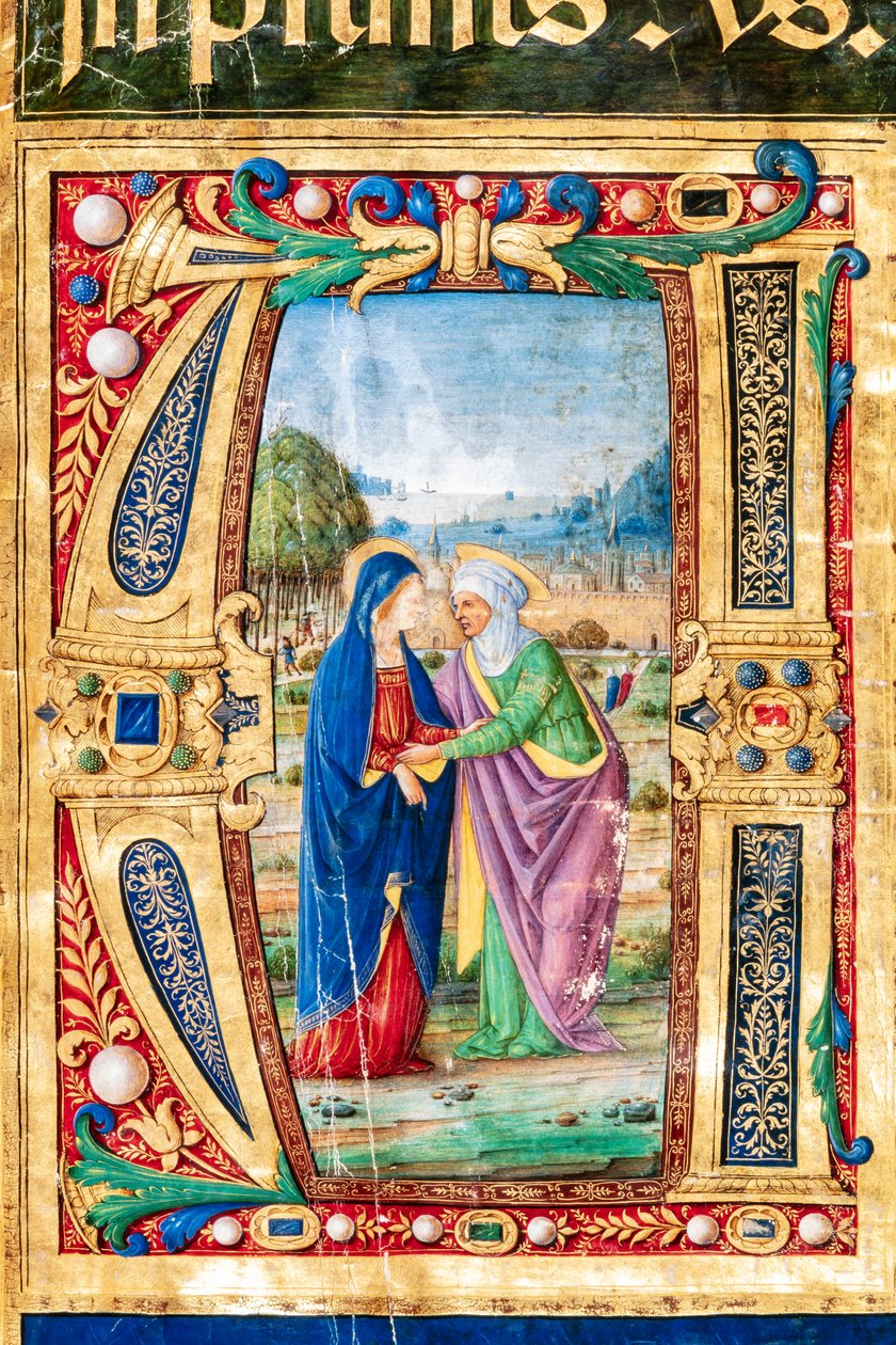Piccolomini-kirjasto: Kuorokirja, cod. 14.P., ff. 2r "Marian ja Pyhän Marian vierailulla". Elizabeth, Giovanni di Giuliano Boccardi, joka tunnetaan nimellä Boccardino vanhin. Yksityiskohta. tekijältä Unbekannter Künstler