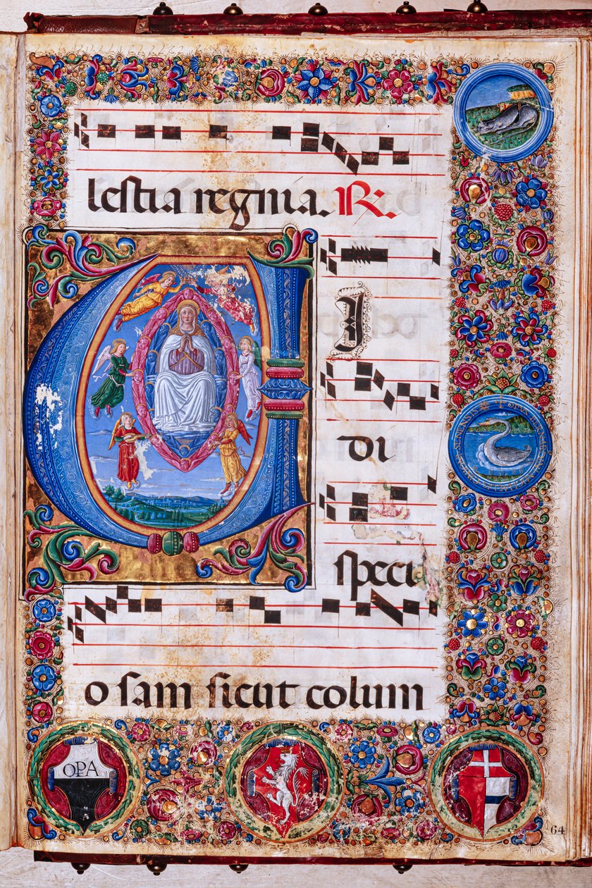 Piccolomini-kirjasto: Kuorokirja, cod. 15.Q., ff. 64r Guidoccio Cozzarellin ja Bernardino Cignonin "Assumption of the Virgin" kanssa. tekijältä Unbekannter Künstler