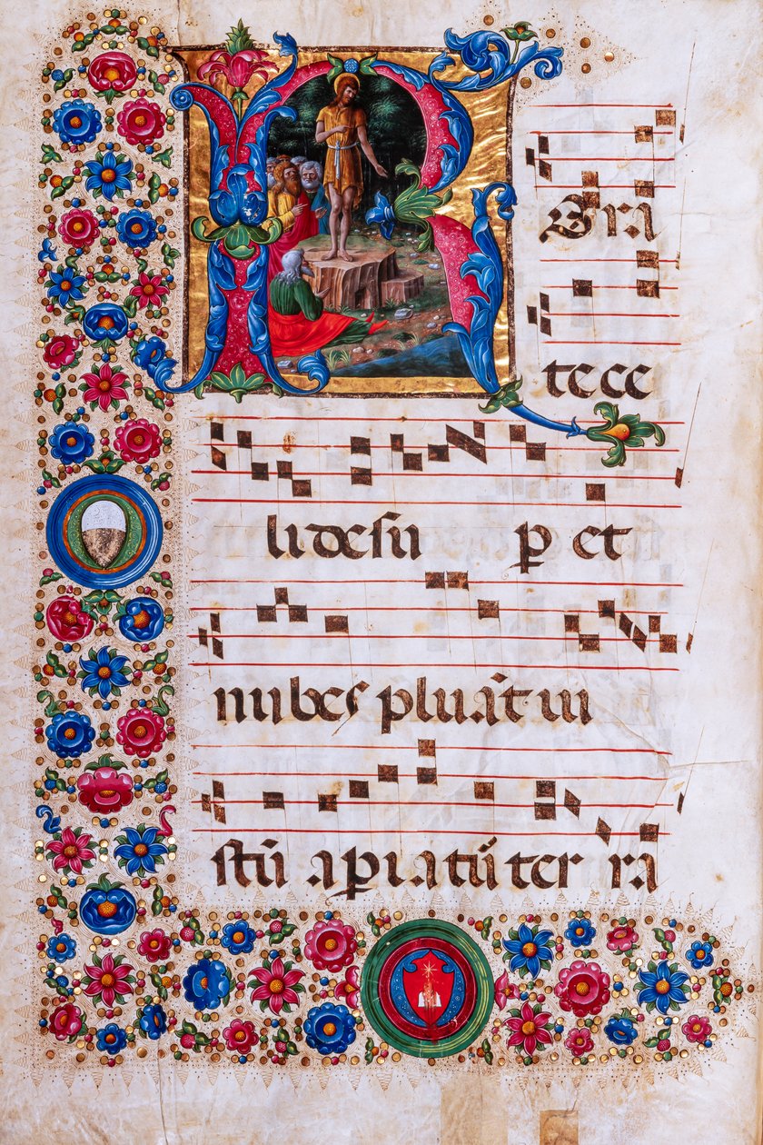 Piccolomini-kirjasto: kuorokirja, turska. 18.3, ff. 45v, jossa on Girolamo da Cremonan kirjoittama Pyhän Johannes Kastajan saarna. tekijältä Unbekannter Künstler