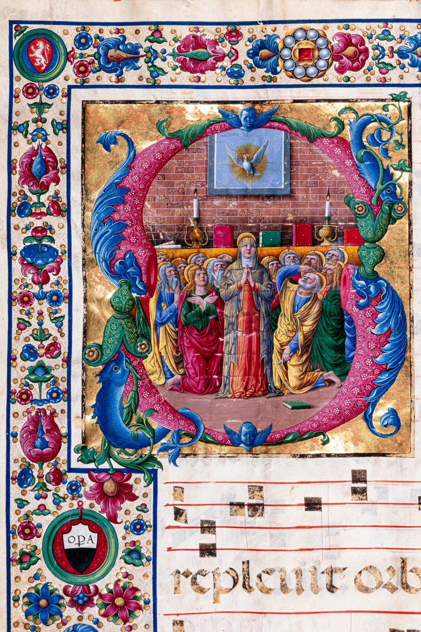 Piccolomini-kirjasto: kuorokirja, turska. 23.8, ff. 100v kappaleella "The Pentecost", kirjoittanut Girolamo da Cremona. Yksityiskohta. tekijältä Unbekannter Künstler
