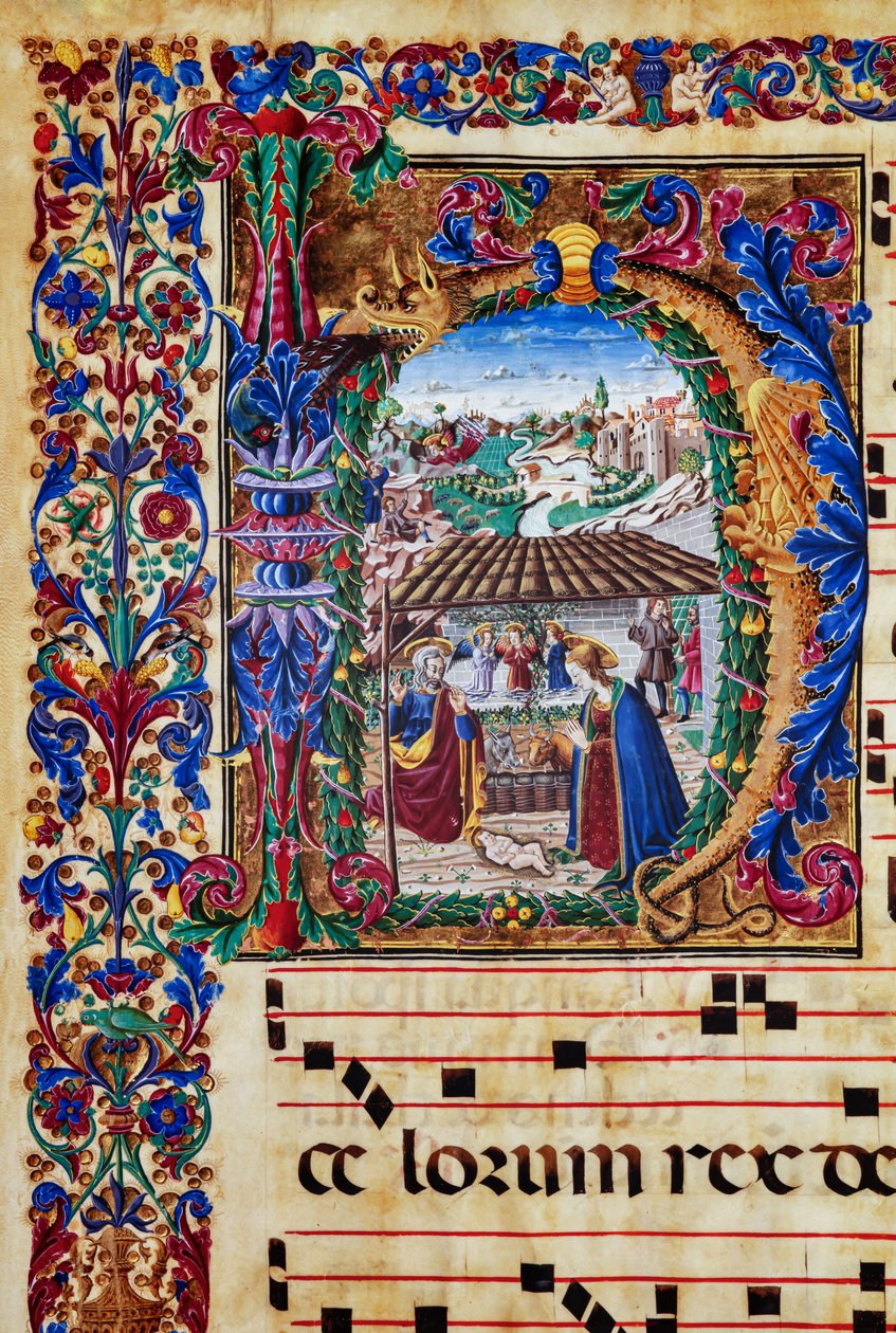 Piccolomini-kirjasto: kuorokirja, turska. 2.B, ff. 5v "Nativity", Florentine-valaisin. Yksityiskohta. tekijältä Unbekannter Künstler