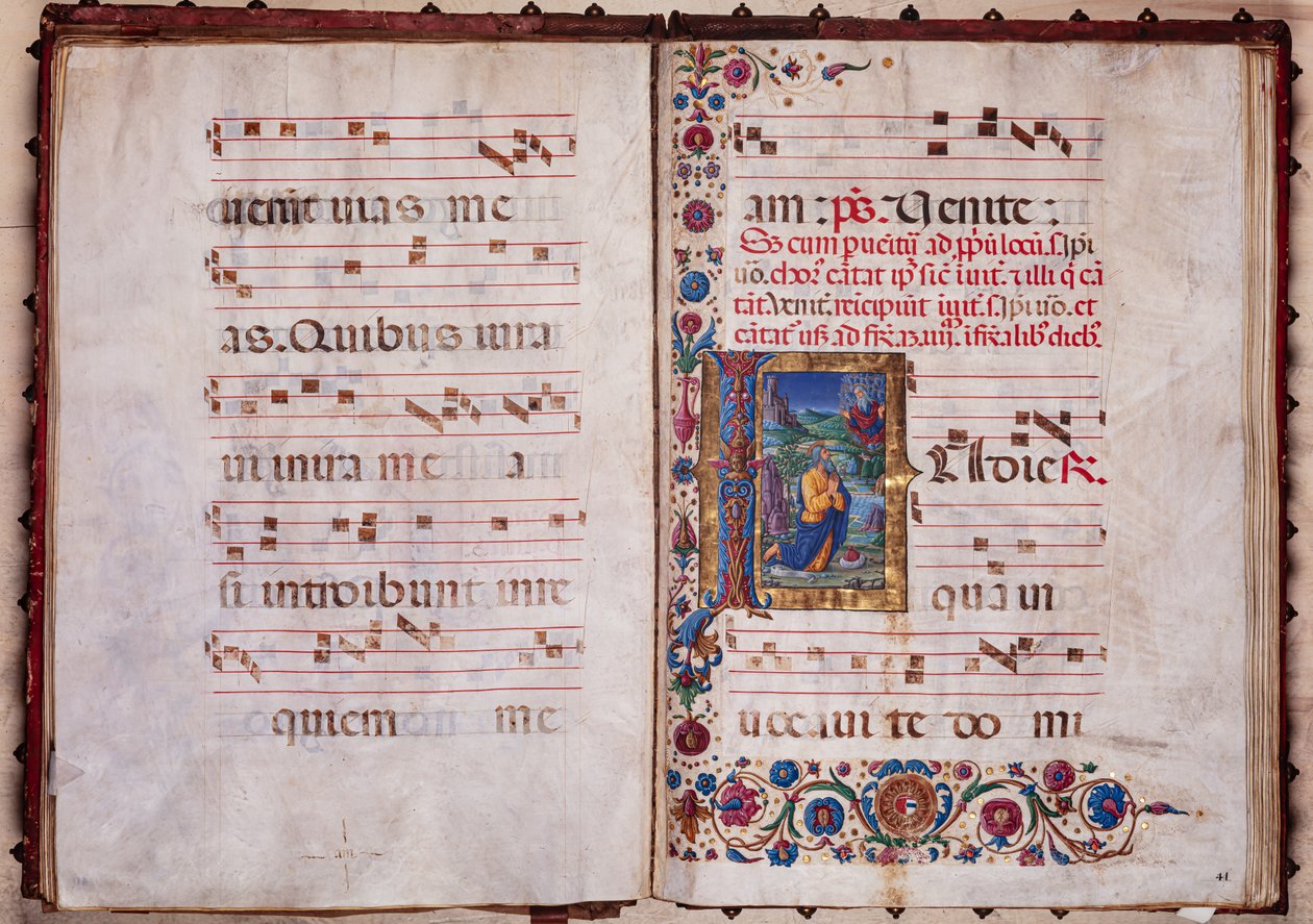 Piccolomini-kirjasto: Kuorokirja, cod. 7.G, ff. 40v-41r Guidoccio Cozzarellin "Jeremiah
