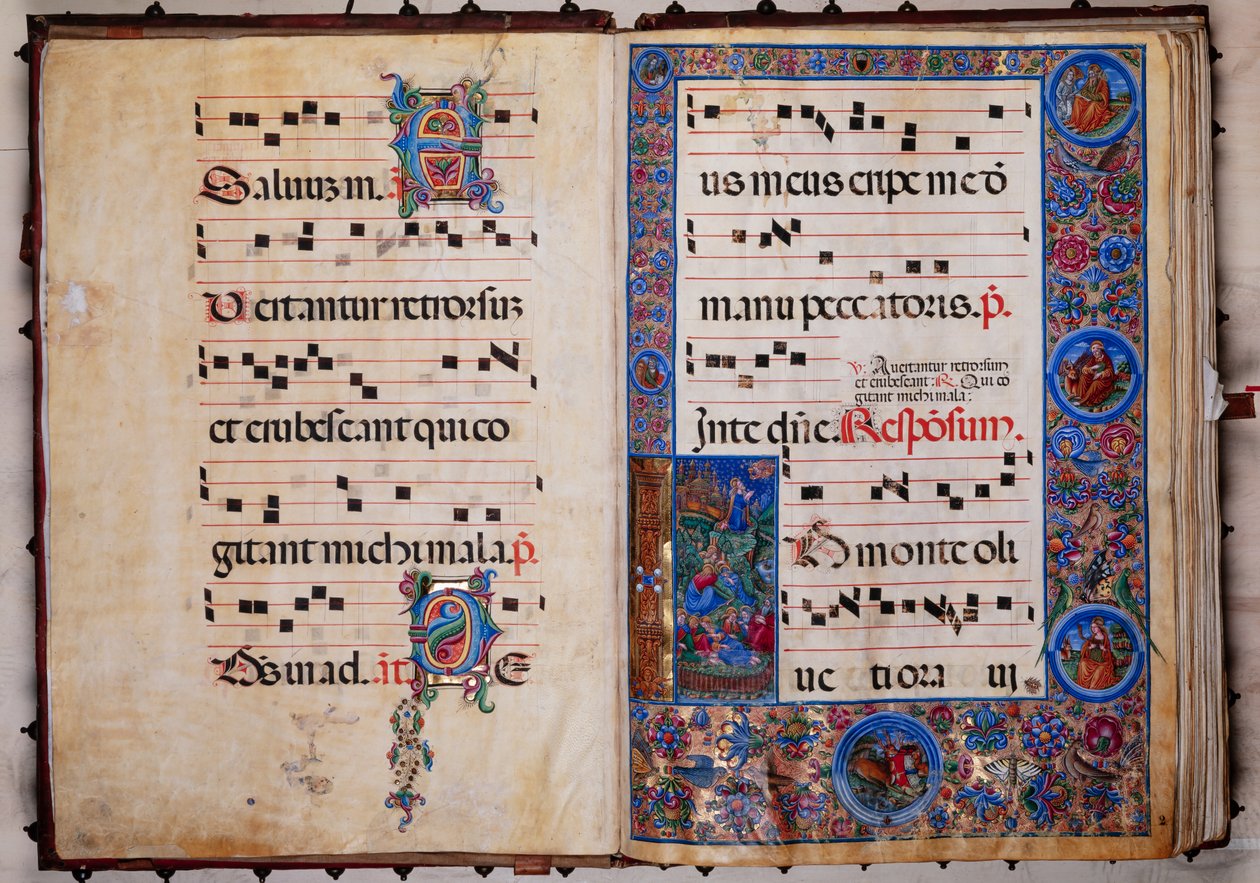 Biblioteca Piccolomini: llibre del cor, bacallà. 8-H, ff. 1v-2r amb “Crist al jardí de Getsemaní”, de Bernardino Cignoni.finnish tekijältä Unbekannter Künstler