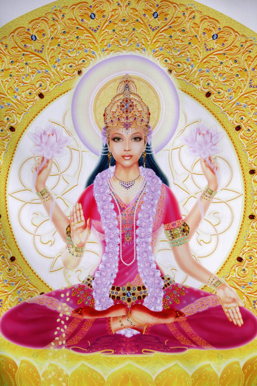 Kuvassa Lakshmi, vaurauden jumalatar ja Lord Vishnun puoliso istumassa lootuskukkien kanssa tekijältä Unbekannt