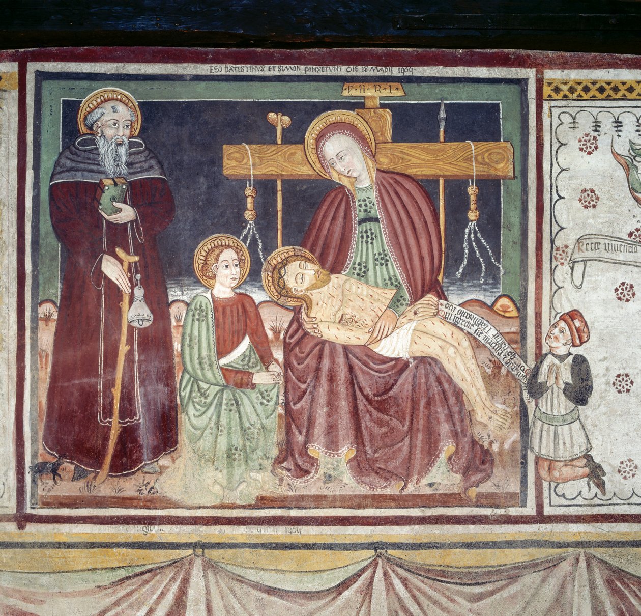 Pieta St Anthony Abbotin kanssa, fresko, Homo Salvadego -museo, Sacco, Cosio Valtellino, Lombardia, Italia tekijältä Benjamin Baud