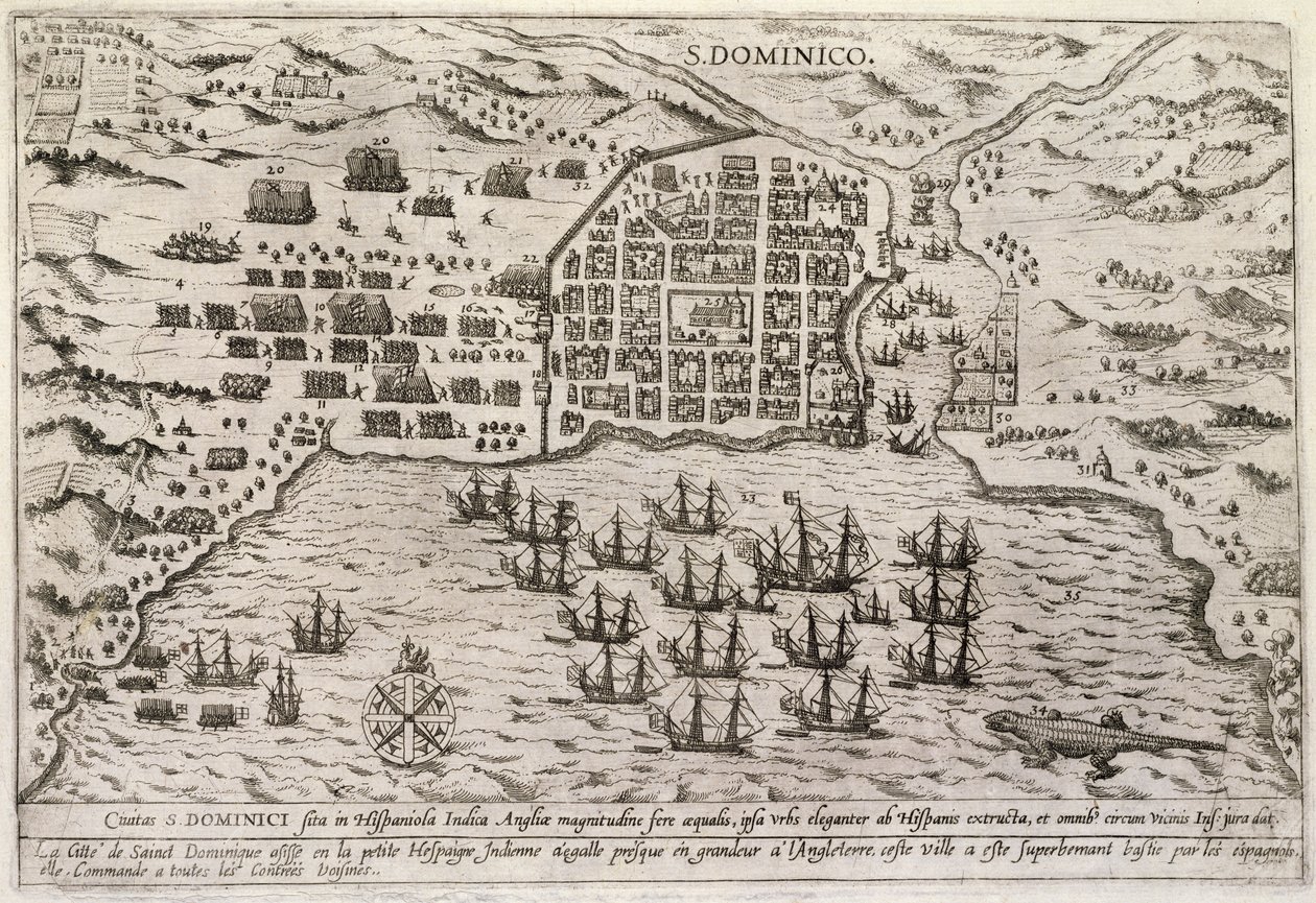 Suunnitelma Draken hyökkäyksestä Santo Domingoon, n. 1595 (kaiverrus) tekijältä Unbekannter Künstler