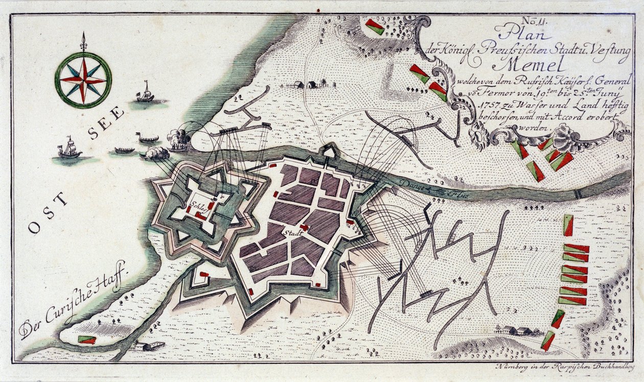 Memelin (nykyinen Klaipeda, Liettua) suunnitelma kaupungin antautumisen aikana 27. kesäkuuta-5. heinäkuuta 1757. Vedensyövytys vuonna 1764 väreillä. tekijältä Unbekannter Künstler