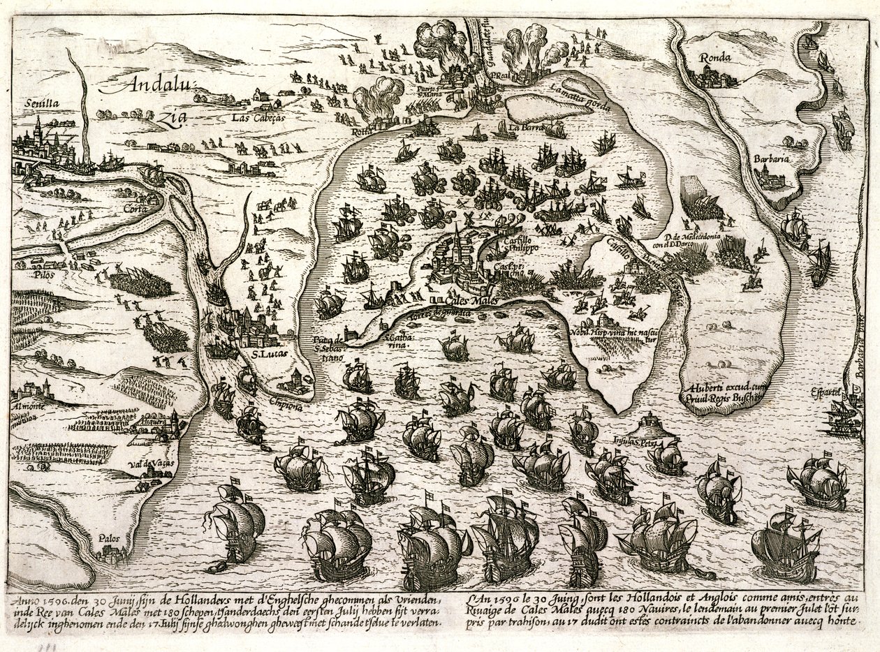 Cadizin sataman suunnitelma vuonna 1596 Sir Walter Raleighin hyökkäyksen aikaan (kaiverrus) tekijältä Unbekannter Künstler