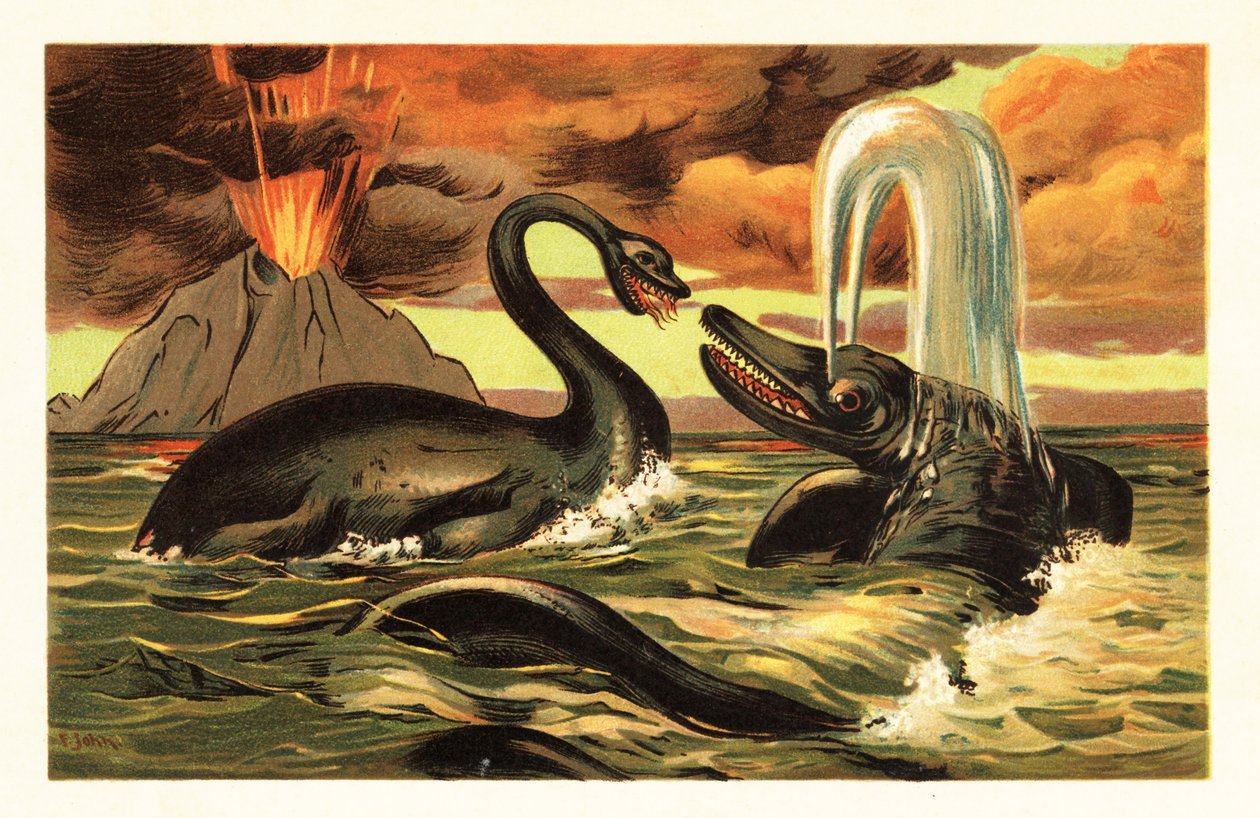 Plesiosaurus ja Ichthyosaurus taistelevat vuoden 1908 purkauksen edessä (litografia) tekijältä Unbekannter Künstler