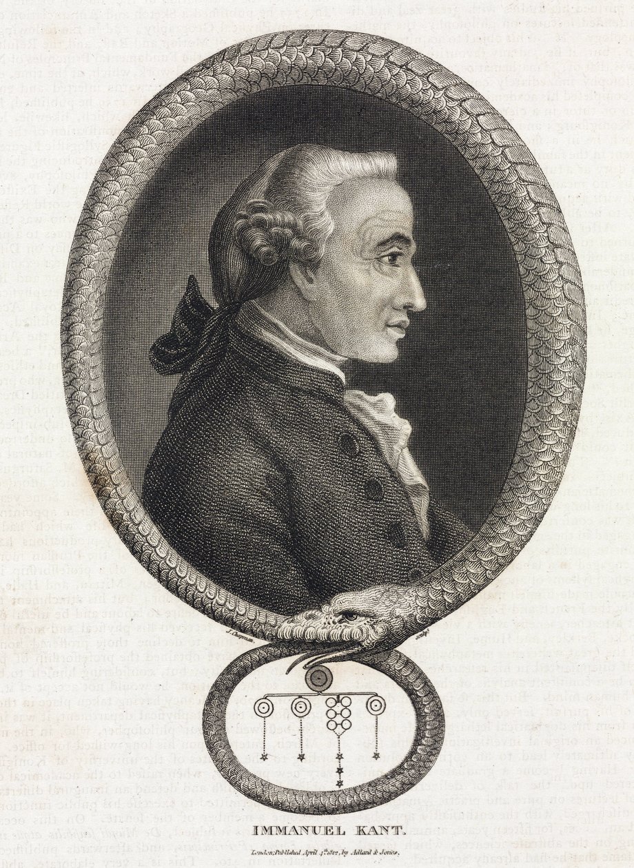 Filosofi Immanuel Kantin (1724-1804) muotokuva häntäänsä purevan käärmeen muovaamassa kehyksessä tekijältä Unbekannt