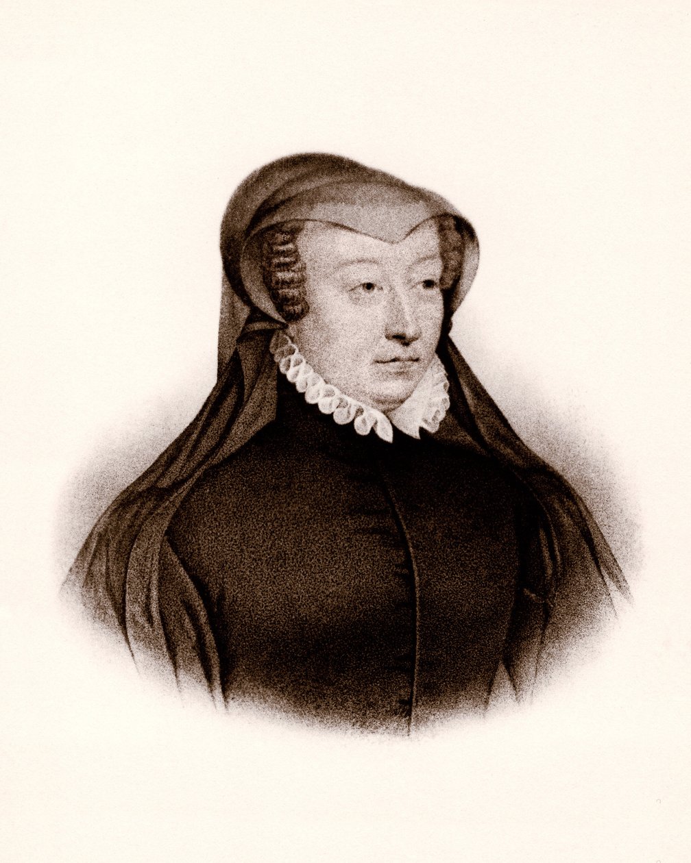 Caterina de Medicin (Caterina de Medici) muotokuva (1519-1589). Ranskan kuningatar, kaiverrus 1800-luvulta. tekijältä Unbekannter Künstler