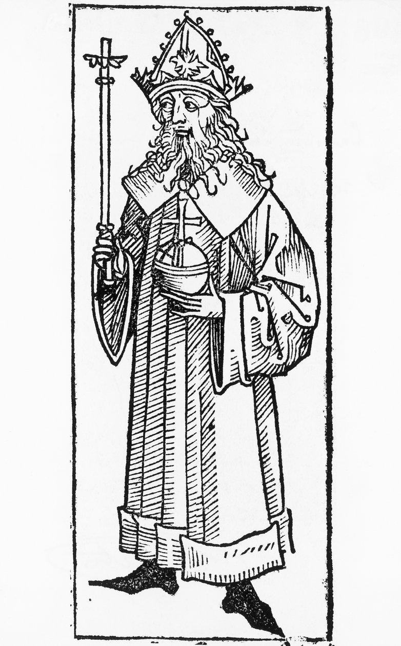 Muotokuva Kaarle IV:stä Luxemburgista (1316-1378), Saksan kuninkaasta ja Böömin kuninkaasta (Kaarlena) vuosina 1346-1378 ja Pyhän Rooman keisarista 1355-1378, puupiirros tekijältä William M. Timlin