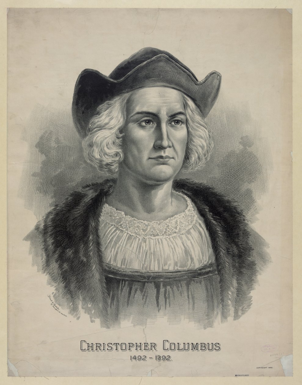 Kristoffer Kolumbuksen (1451 - 1506) muotokuva, n. 1892 (litografia) tekijältä Unbekannt