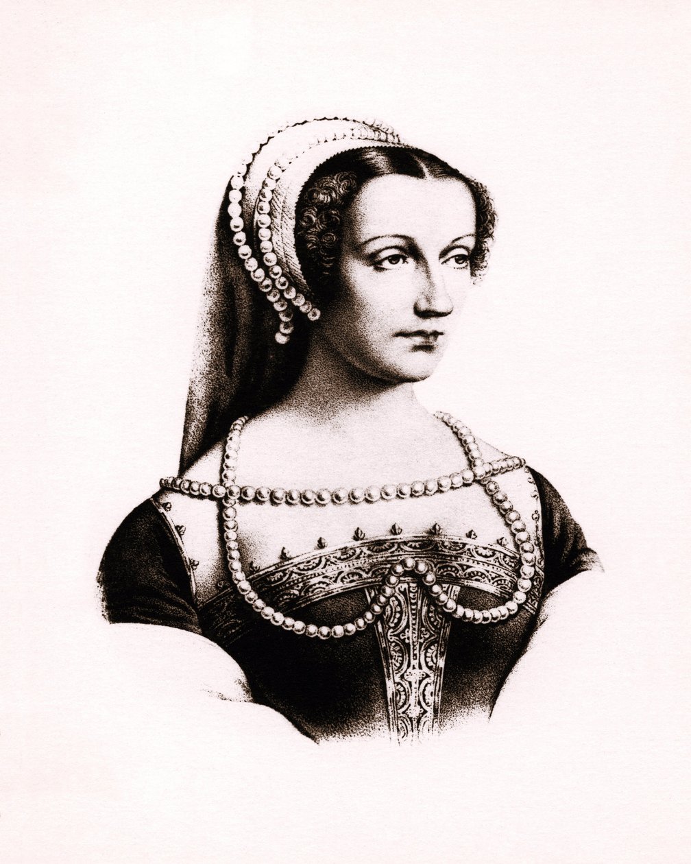 Claude de Francen (1490-1524) muotokuva Ranskan kuningattaresta, kaiverrus, sd. tekijältä Unbekannter Künstler