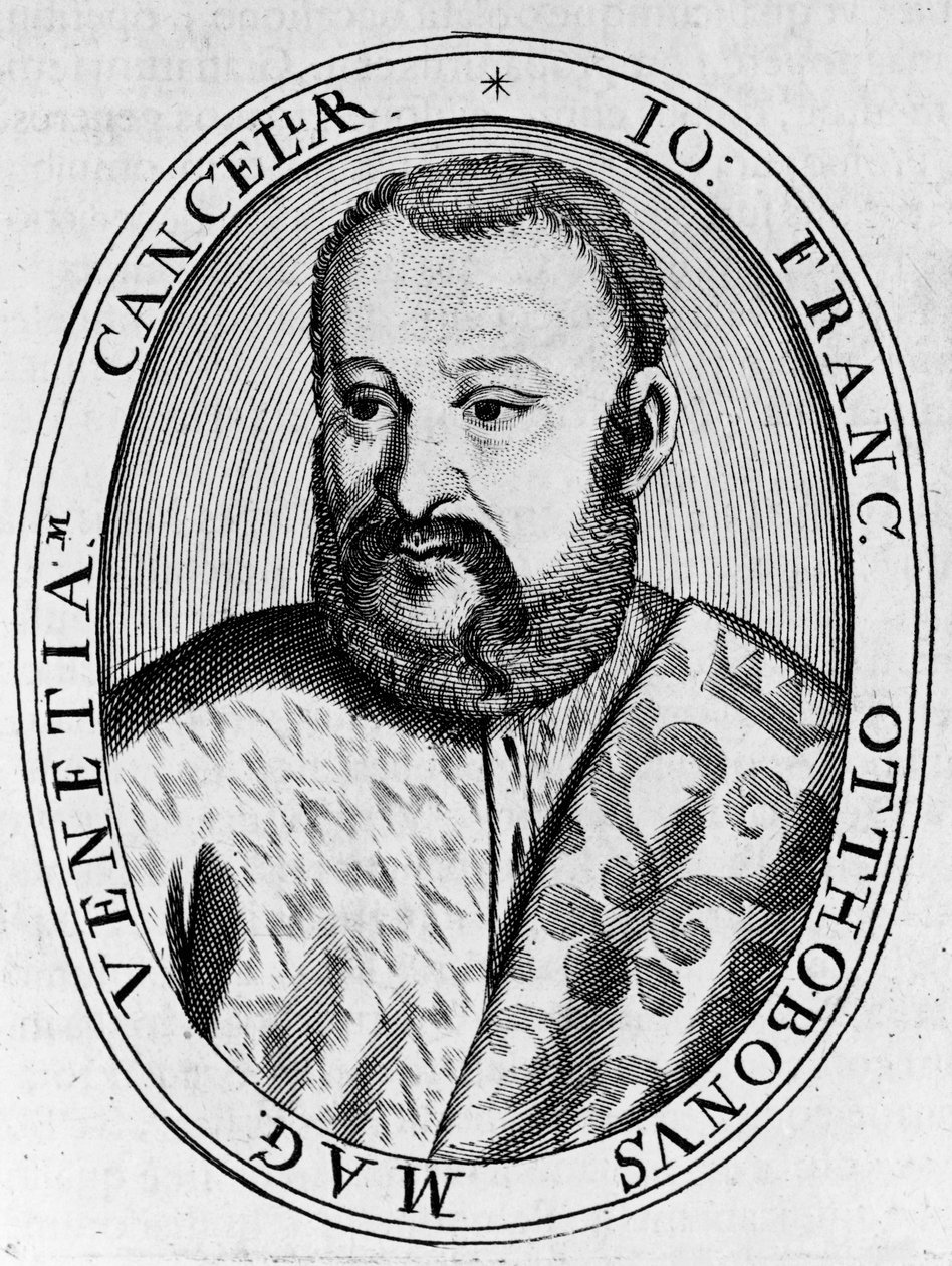 Venetsian suurkanslerin Francesco Ottobonin (1500-luku) muotokuva, kaiverrus tekijältä William M. Timlin