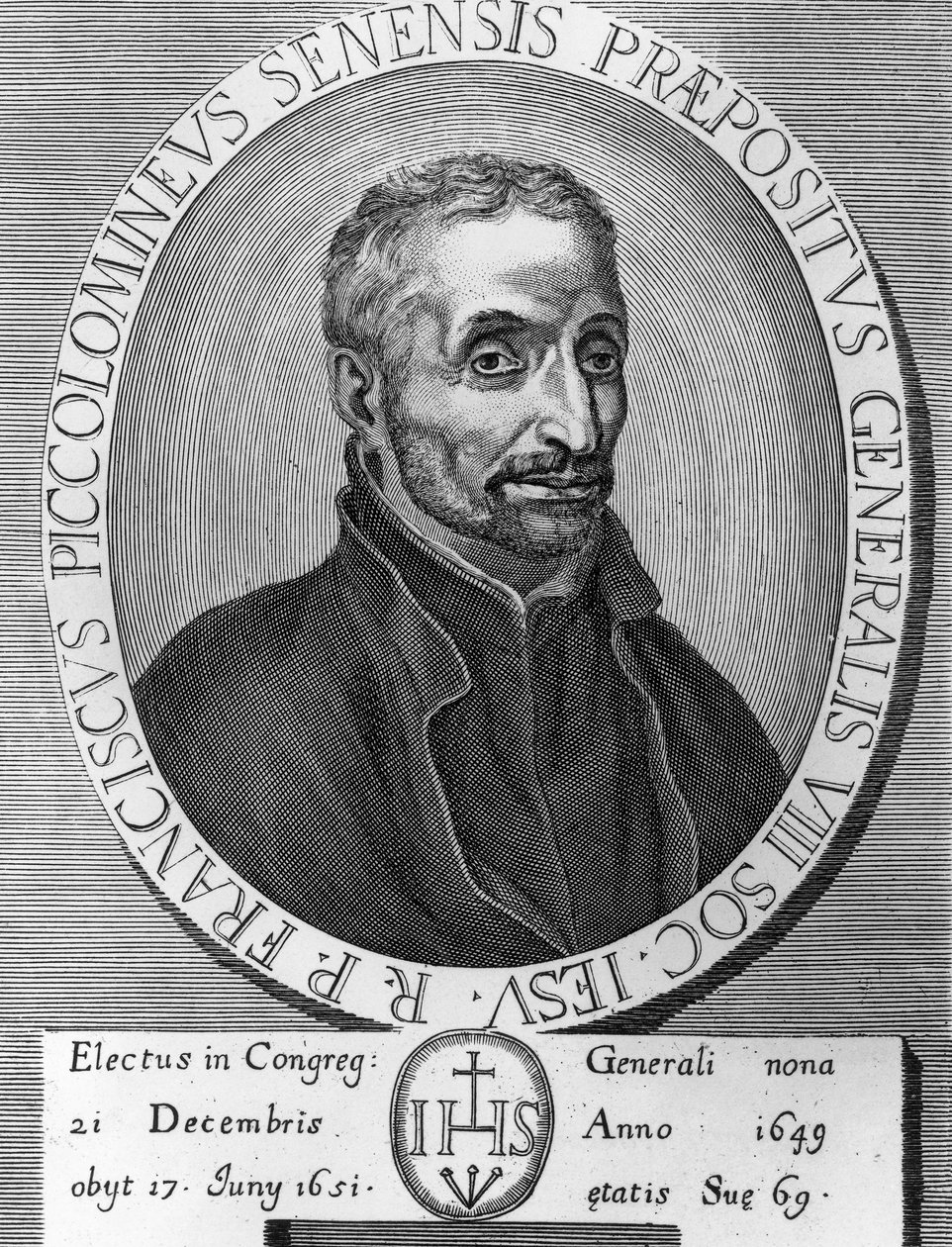 Muotokuva Francesco Piccolomini (1582-1651), italialainen jesuiitta, oli Jeesuksen seuran ylijohtaja vuosina 1649-1651, kaiverrus tekijältä William M. Timlin