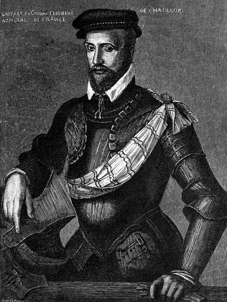 Muotokuva Gaspard de Colignysta, Seigneur de Chatillonista (1519-1572), ranskalaisesta aatelista, amiraalista ja hugenottien johtajasta Ranskan uskonnollisissa sodissa, kaiverrus tekijältä William M. Timlin