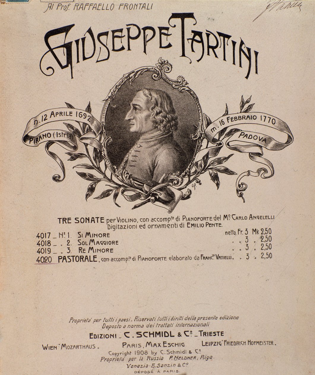 Giuseppe Tartinin muotokuva. Sonaattien partituurin etukappale tekijältä Unbekannter Künstler
