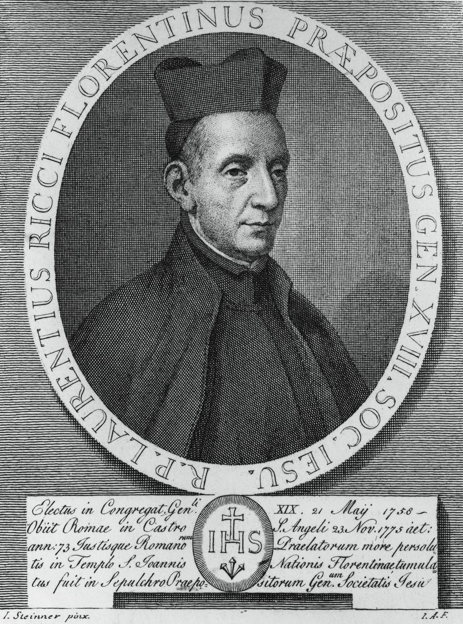 Lorenzo Riccin (1703-1775), italialaisen jesuiitta ja Jeesuksen seuran 18. kenraalijohtajan muotokuva, kaiverrus tekijältä William M. Timlin