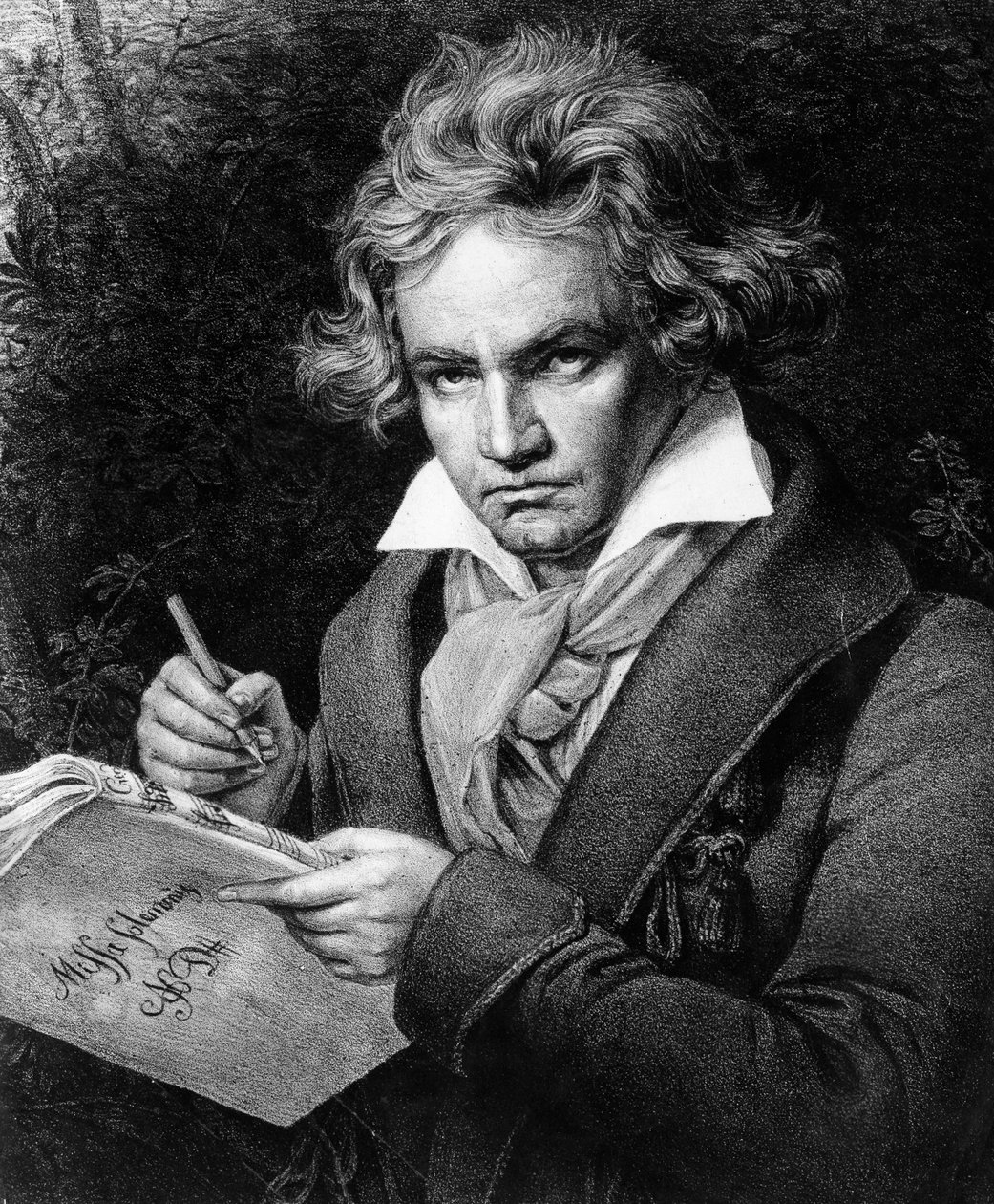 Muotokuva Ludwig van Beethovenista (1770-1827), saksalaisesta muusikosta, joka säveltää Missa solemnis -teosta, Karl Joseph Stielerin (1781-1858) maalauksen pohjalta. tekijältä Unbekannter Künstler