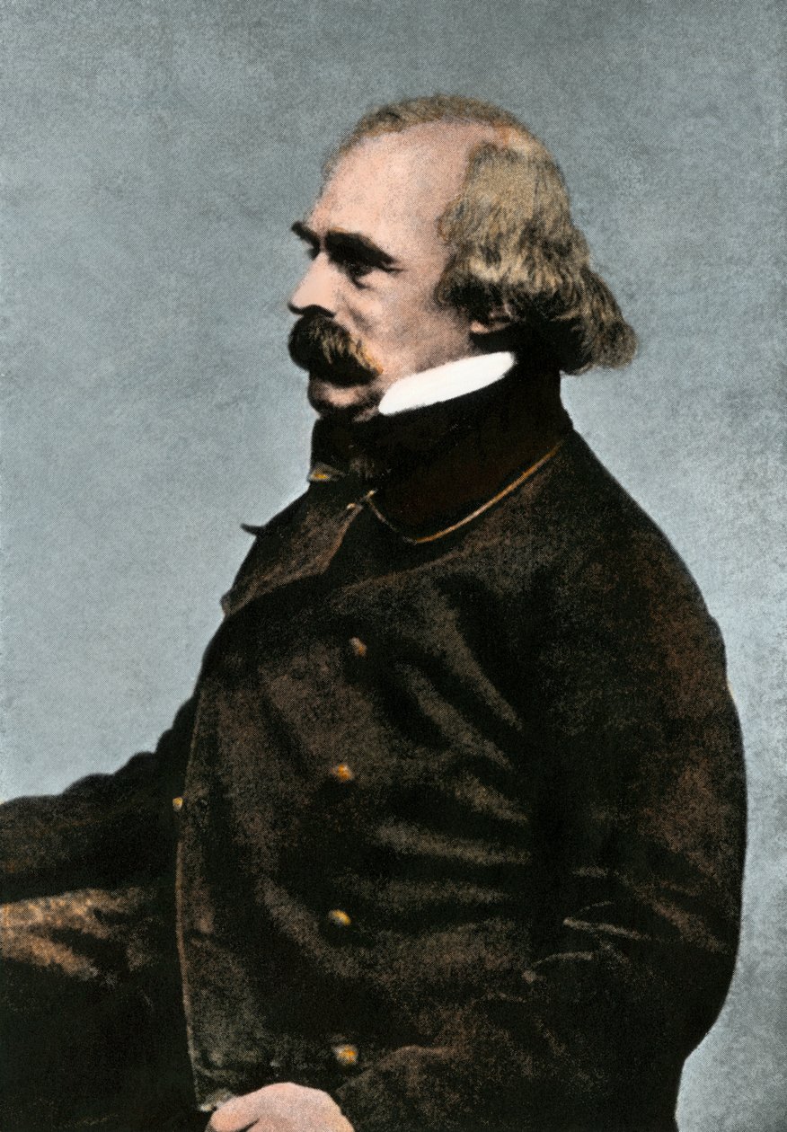 Nathaniel Hawthornen (1804-1864), amerikkalaisen kirjailijan muotokuva, n. 1862 tai 1863 - Värillinen valokuvaus 1800-luvulla - (Nathaniel Hawthorne, n. 1862 tai 1863 - Käsinvärjätty puolisävyinen jäljennös Bostonissa otetusta valokuvasta) tekijältä Unbekannter Künstler