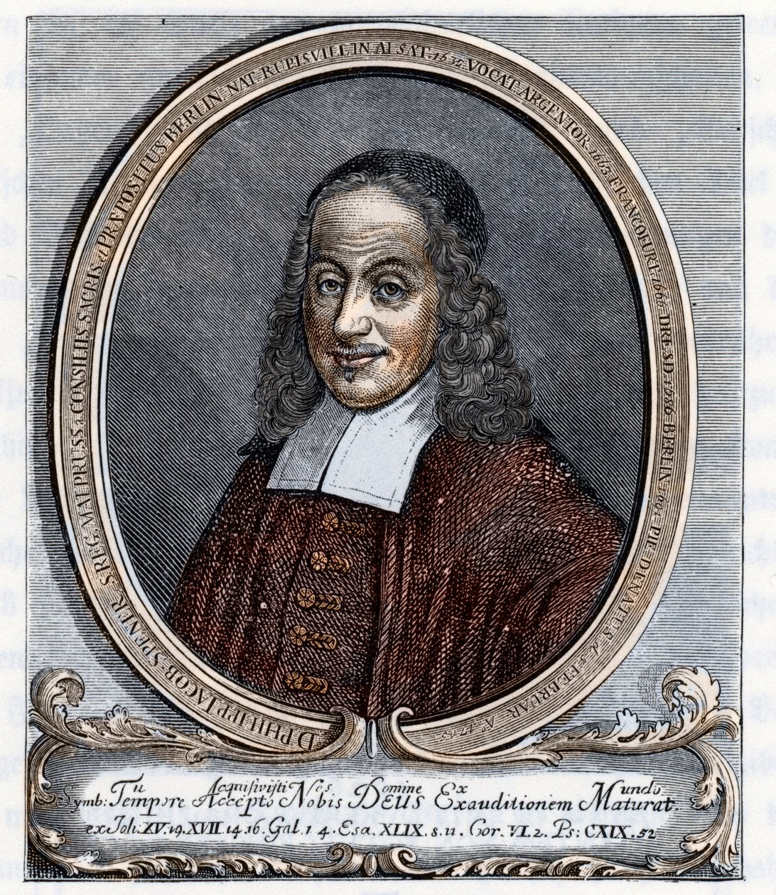 Muotokuva Philipp Jacob Speneristä (Philippe Jacques Spener) (1635-1705) luterilainen teologi pietismin perustaja Kaiverrus Johannes Scherrin teoksesta "Germania" 1880 Yksityiskokoelma tekijältä Unbekannter Künstler