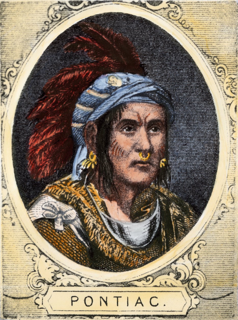 Pontiacin (tai Obwandiyagin, n. 1714-1769), Detroitin Outaouais-intiaaniheimon (Ottawa Nation) päällikön muotokuva. Värikaiverrus 1800-luvulta. tekijältä Unbekannter Künstler