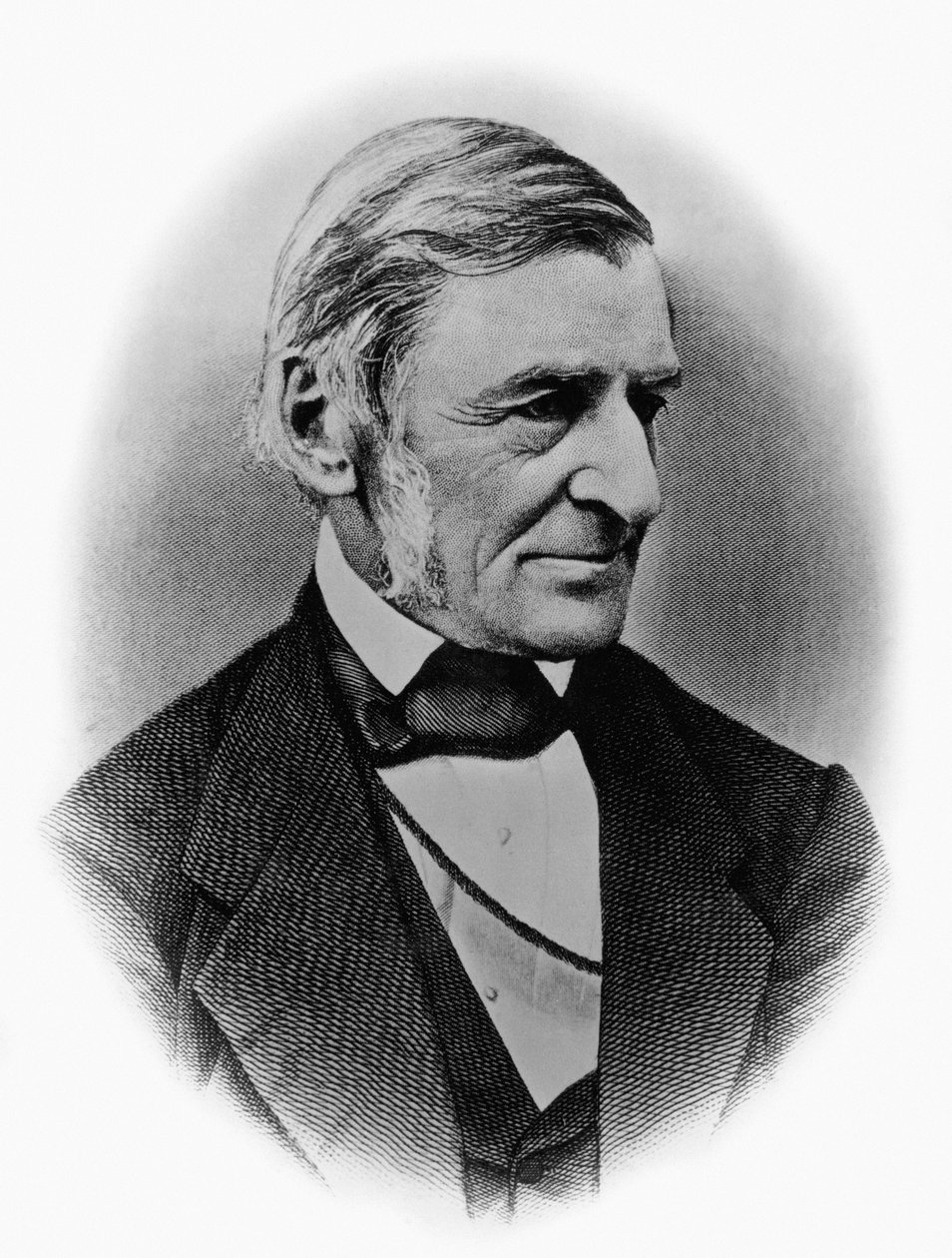 Muotokuva Ralph Waldo Emersonista (1803-1882), yhdysvaltalaisesta filosofista, runoilijasta, kirjailijasta, esseististä ja yhdestä Transsendentalistisen liikkeen perustajista, kaiverrus valokuvan perään tekijältä William M. Timlin