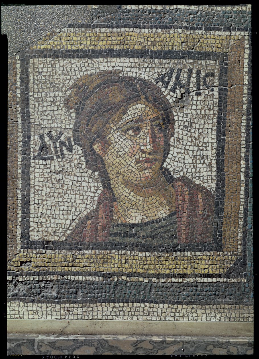Naisen muotokuva, yksityiskohta mosaiikkikivestä, joka kuvaa vuodenaikoja ja metsästyskohtauksia, Constantinian Villasta Daphnessa, Roomassa, n. 325-330 jKr (marmori, kalkkikivi ja lasimosaiikki) tekijältä Unbekannt