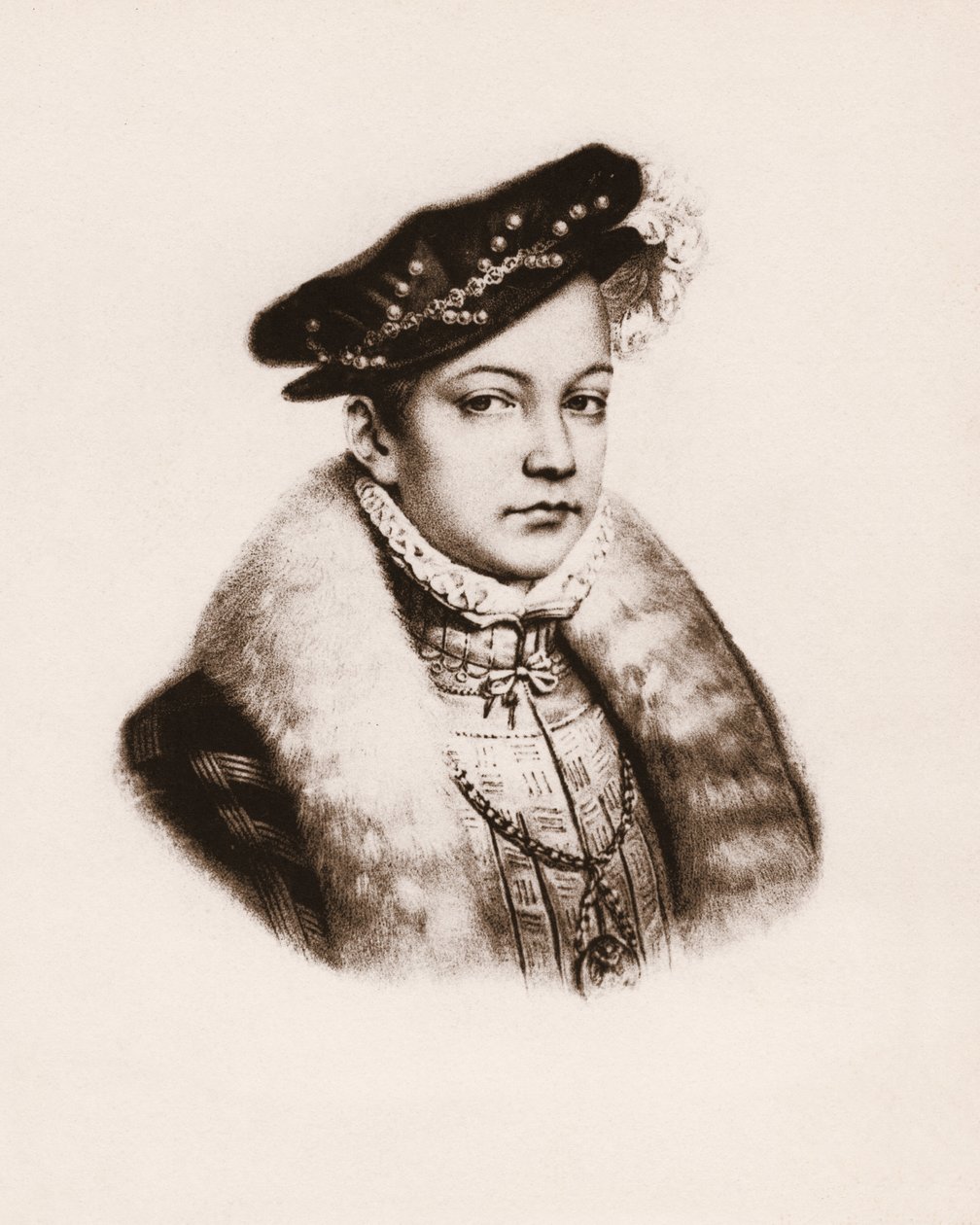 Muotokuva Ranskan kuninkaasta Francois II:sta (1544-1560) 1800-luvun kaiverrus. tekijältä Unbekannter Künstler