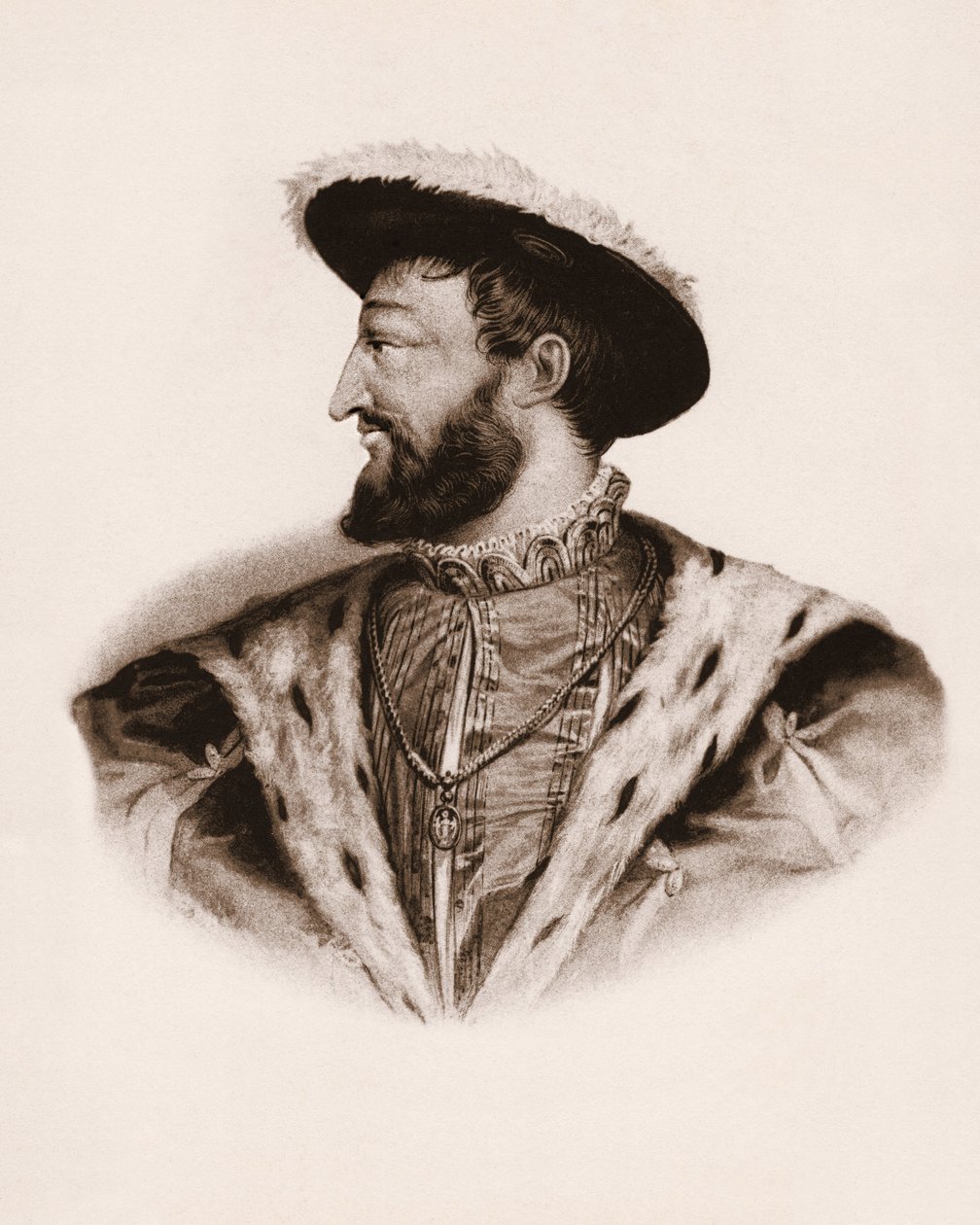 Muotokuva Ranskan kuninkaasta Francois I:stä (1494-1547) 1800-luvun kaiverrus. tekijältä Unbekannter Künstler