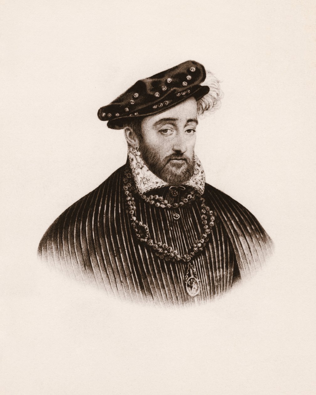 Muotokuva Ranskan kuninkaasta Henrik II:sta (1519-1559) 1800-luvun kaiverrus. tekijältä Unbekannter Künstler
