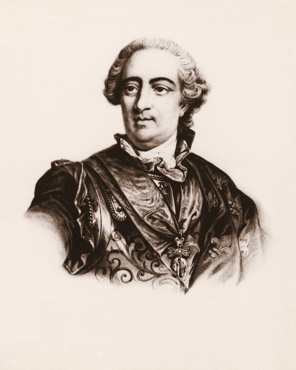 Muotokuva Ranskan kuninkaasta Ludvig XV:stä (1710-1774) 1800-luvun kaiverrus. tekijältä Unbekannter Künstler